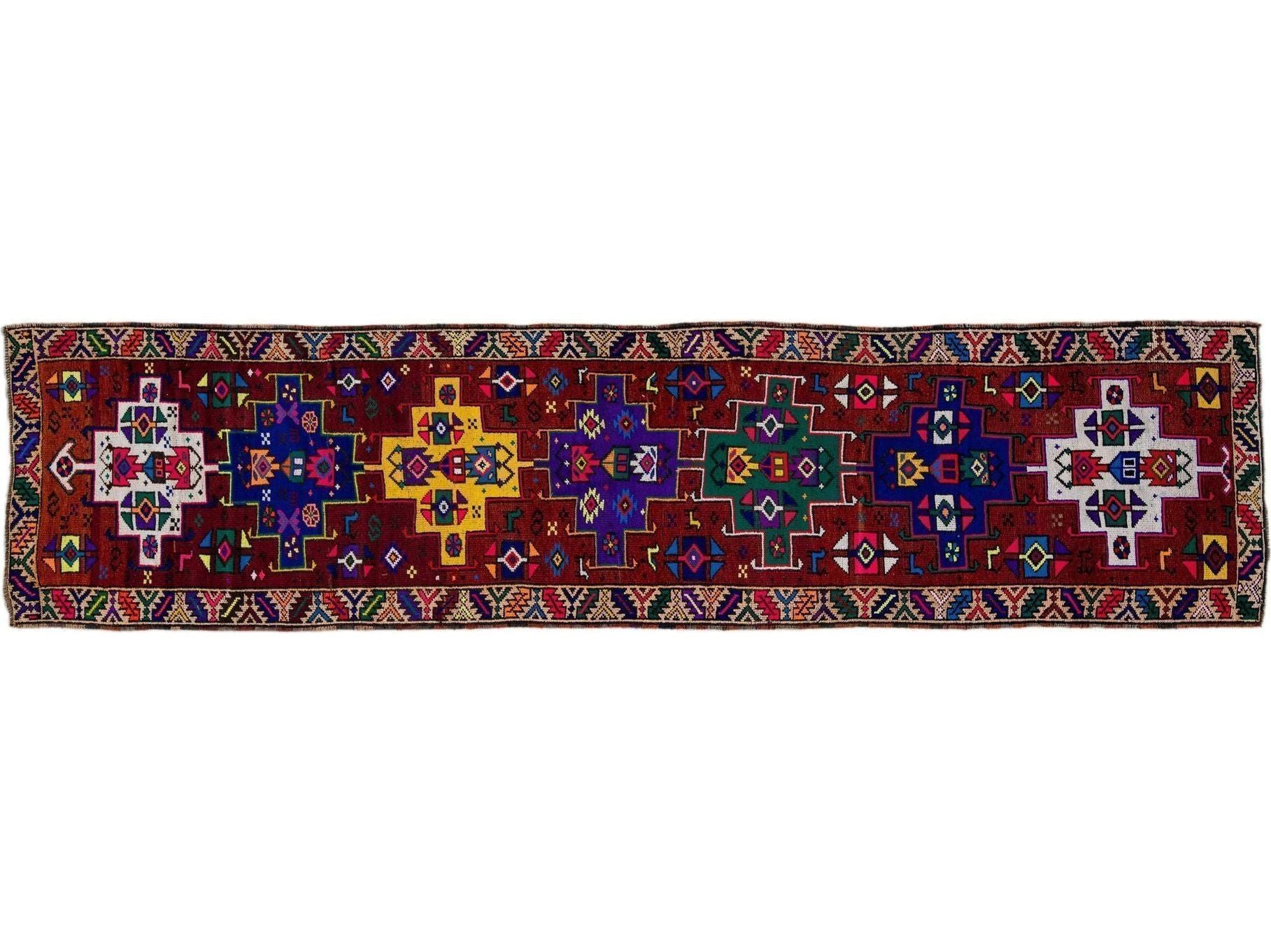 Vintage Turkish Handmade Multicolor Tribal Pattern Burgundy Wool Runner