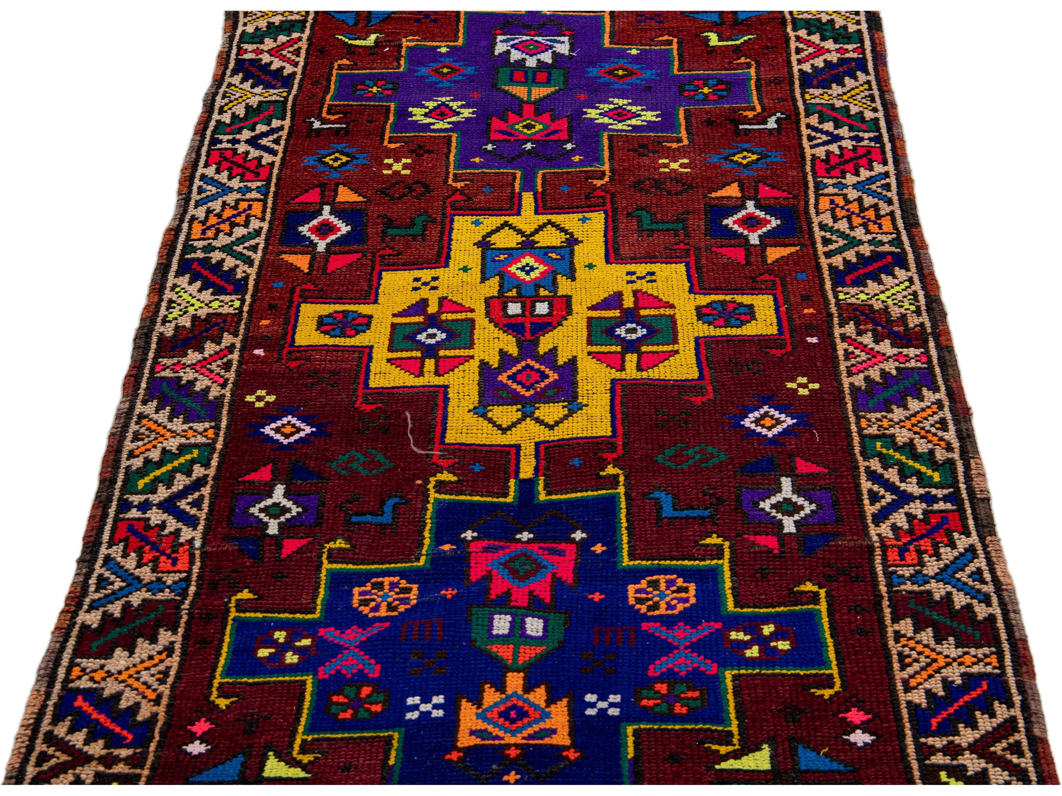 Vintage Turkish Handmade Multicolor Tribal Pattern Burgundy Wool Runner