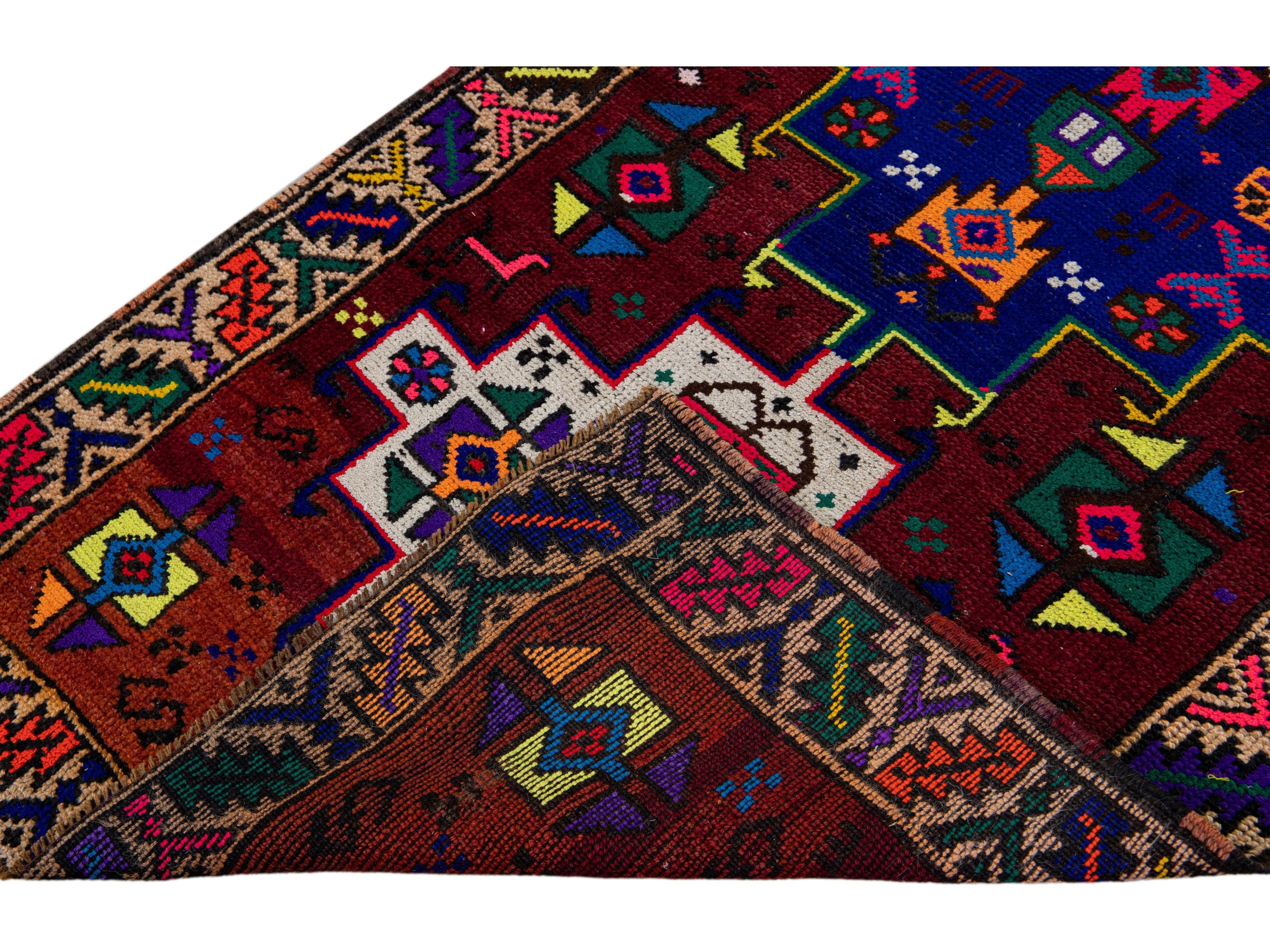 Vintage Turkish Handmade Multicolor Tribal Pattern Burgundy Wool Runner