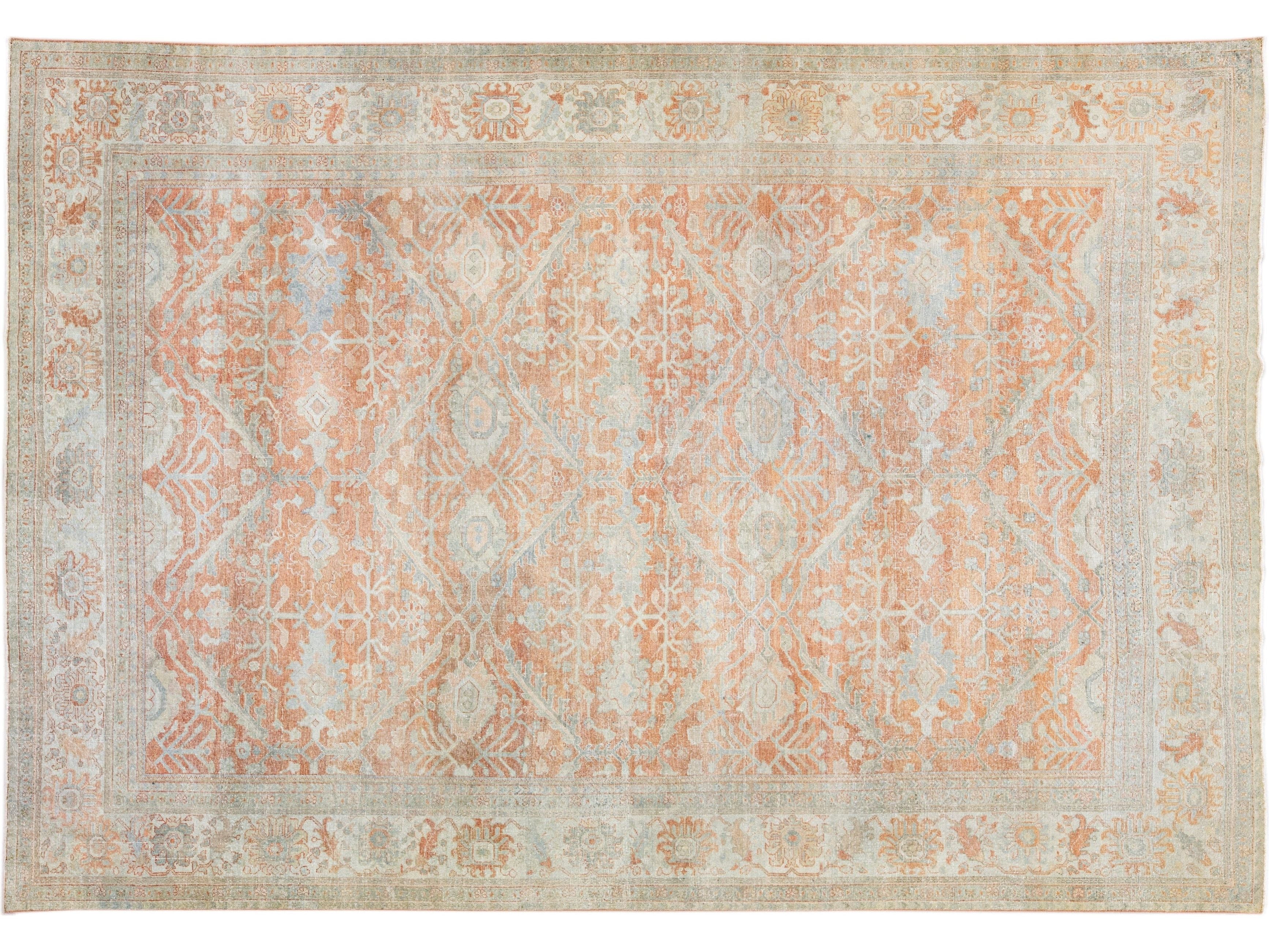 Antique Sultanabad Handmade Floral Pattern Orange Wool Rug