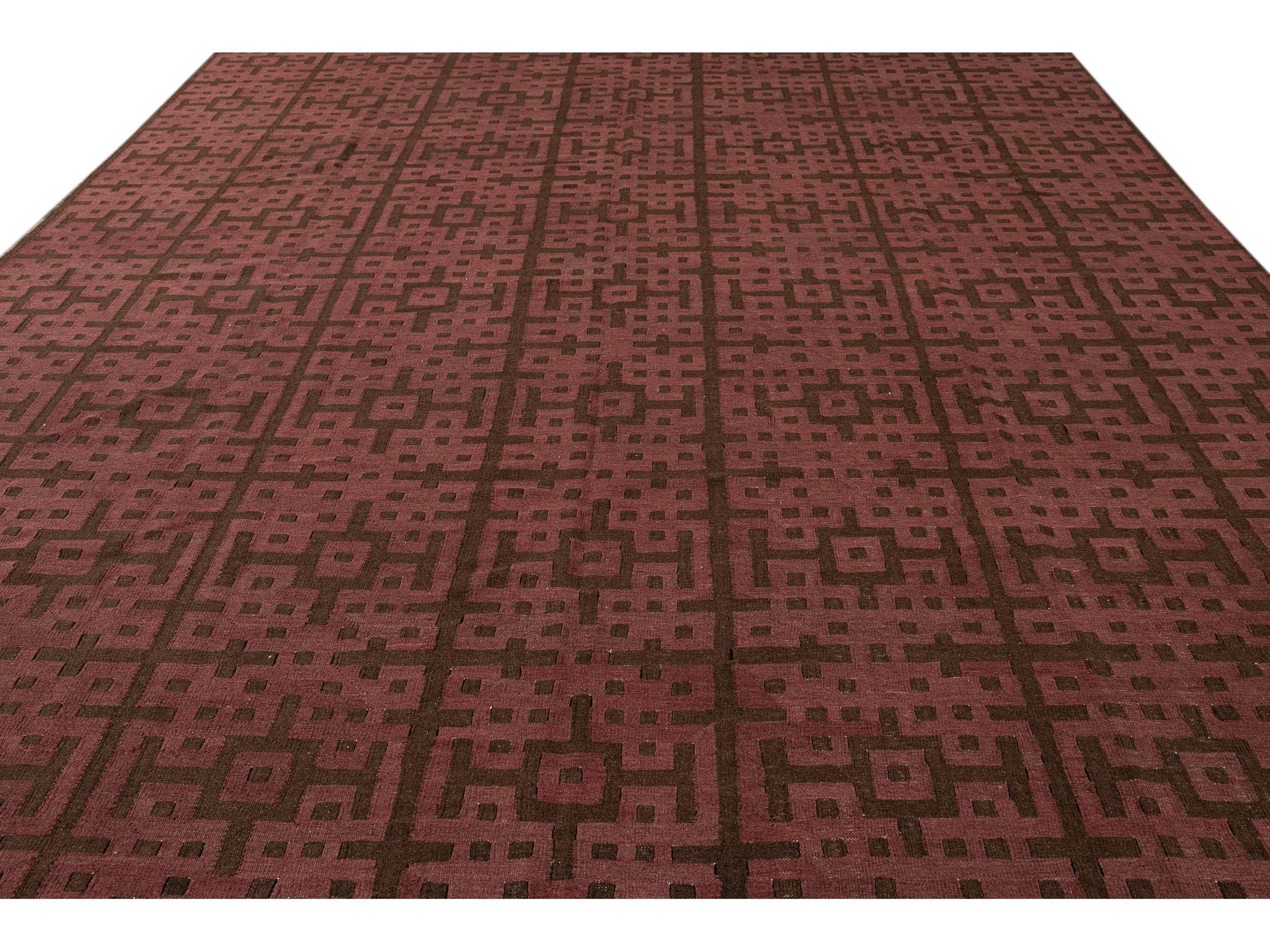 Modern Kilim Handmade Maroon and Brown Geometric Pattern Wool Rug