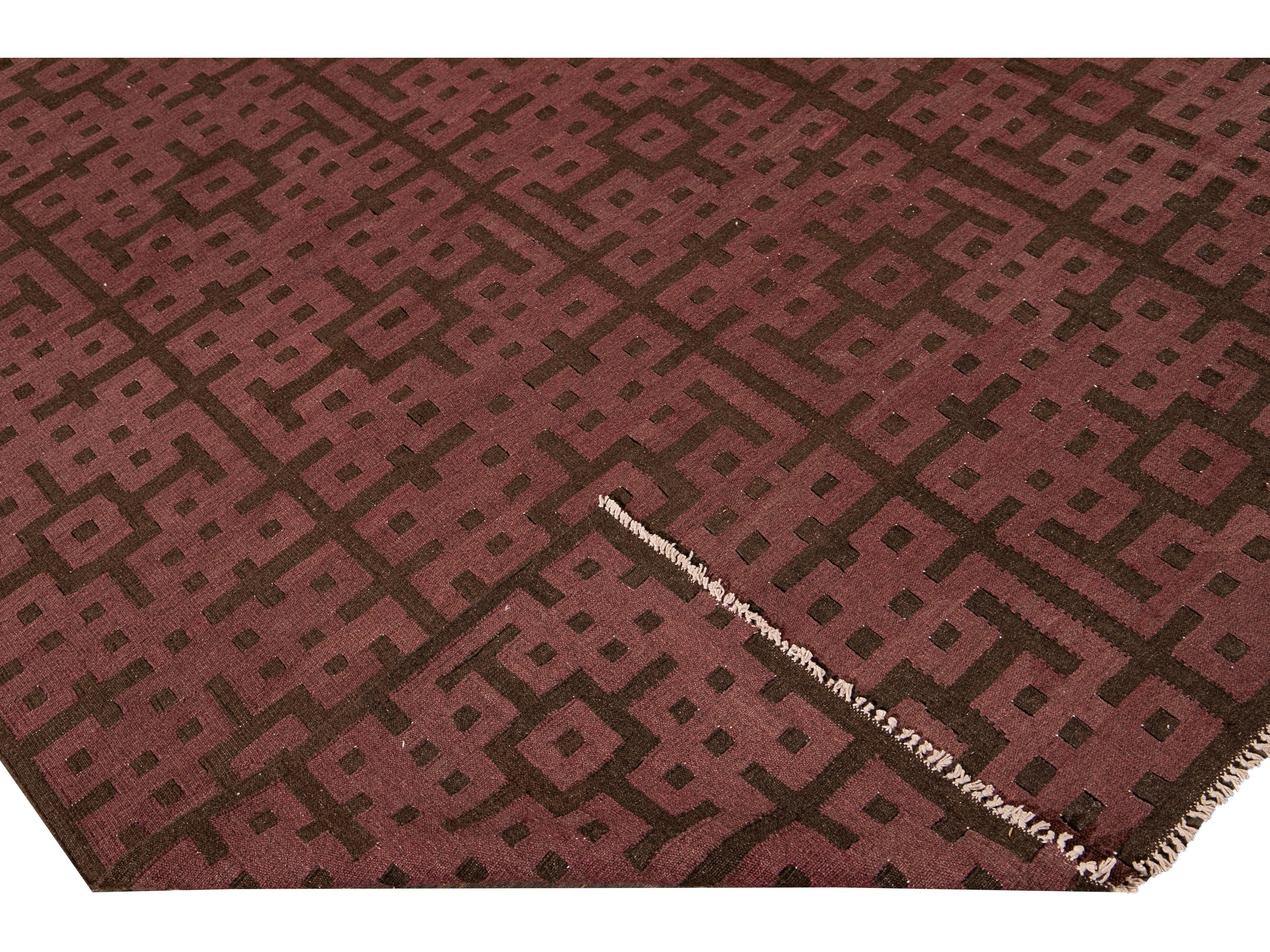 Modern Kilim Handmade Maroon and Brown Geometric Pattern Wool Rug