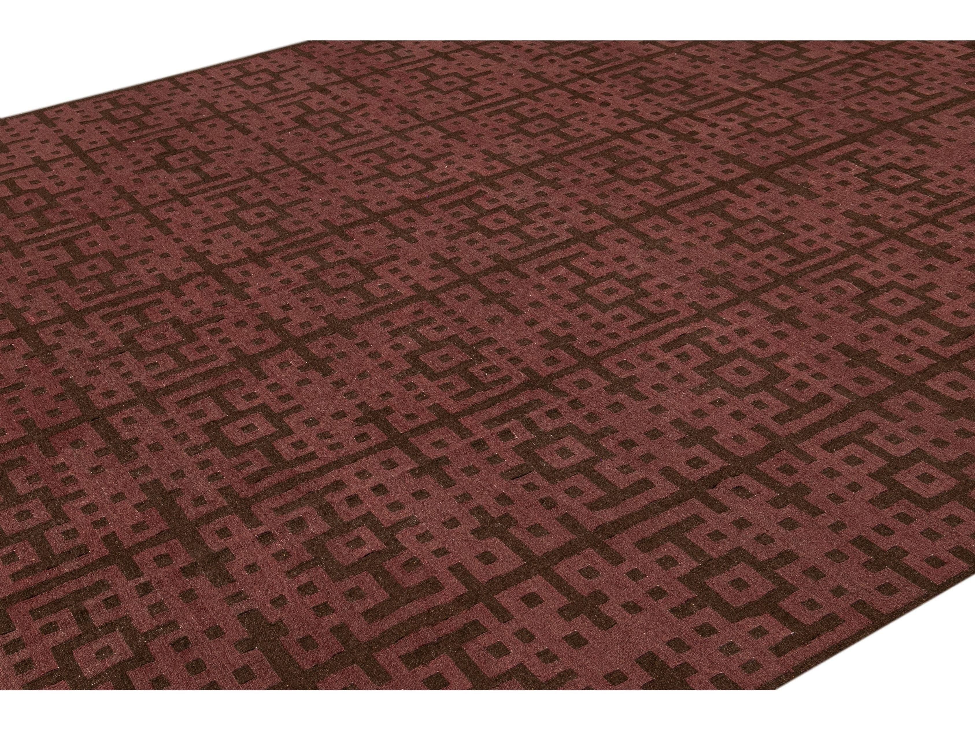 Modern Kilim Handmade Maroon and Brown Geometric Pattern Wool Rug