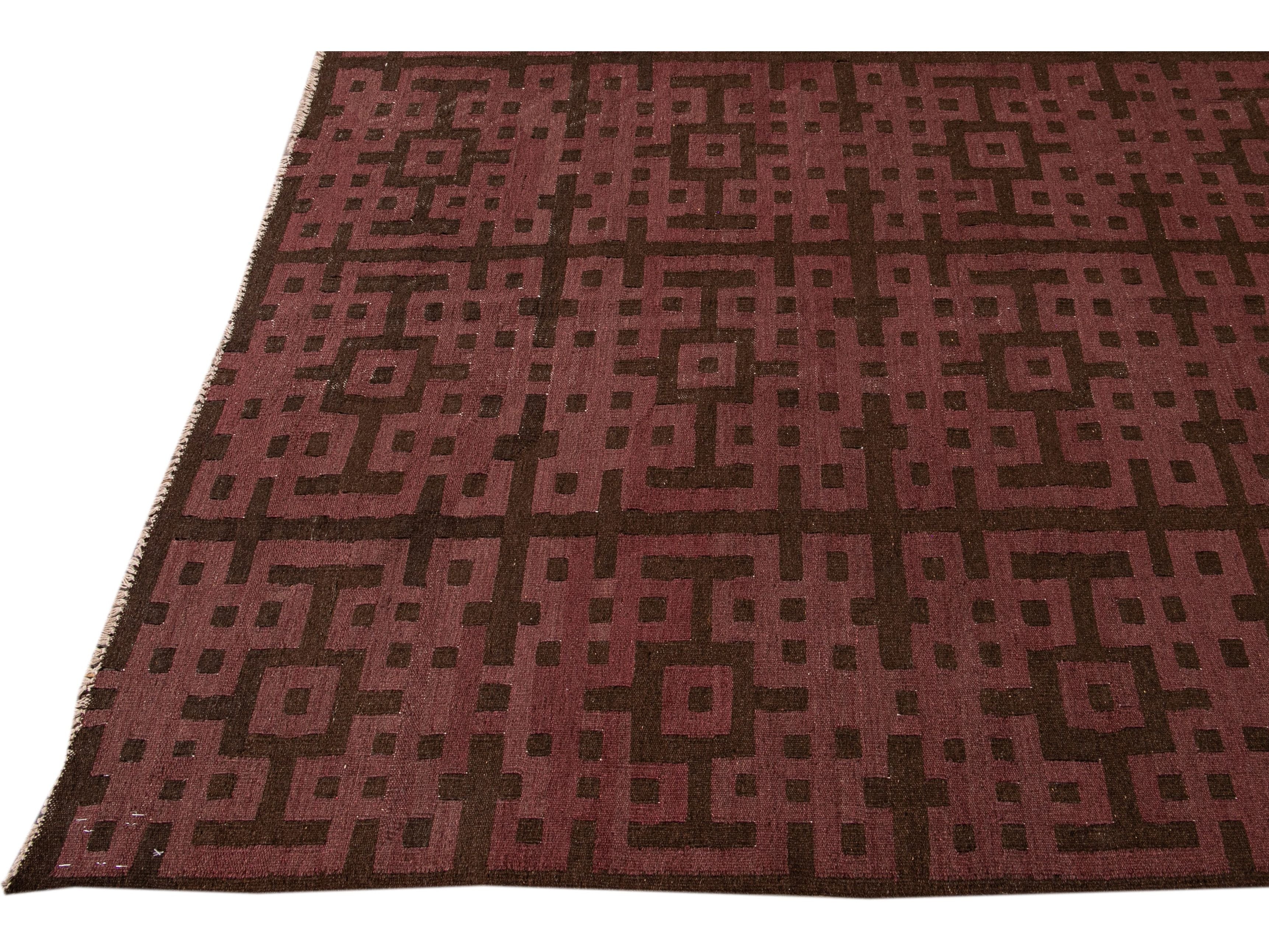 Modern Kilim Handmade Maroon and Brown Geometric Pattern Wool Rug