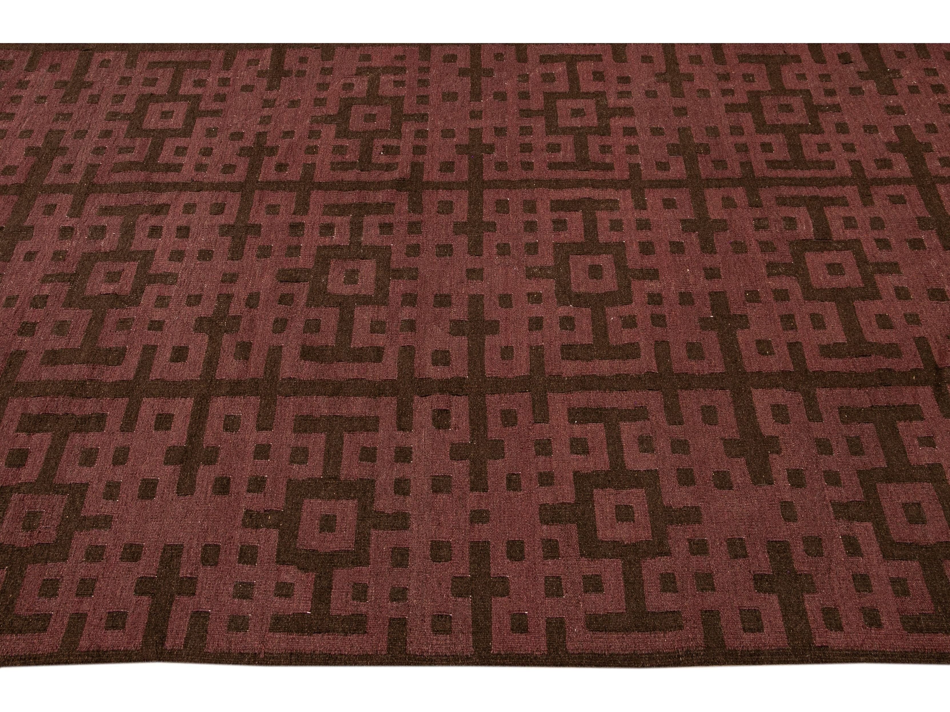Modern Kilim Handmade Maroon and Brown Geometric Pattern Wool Rug
