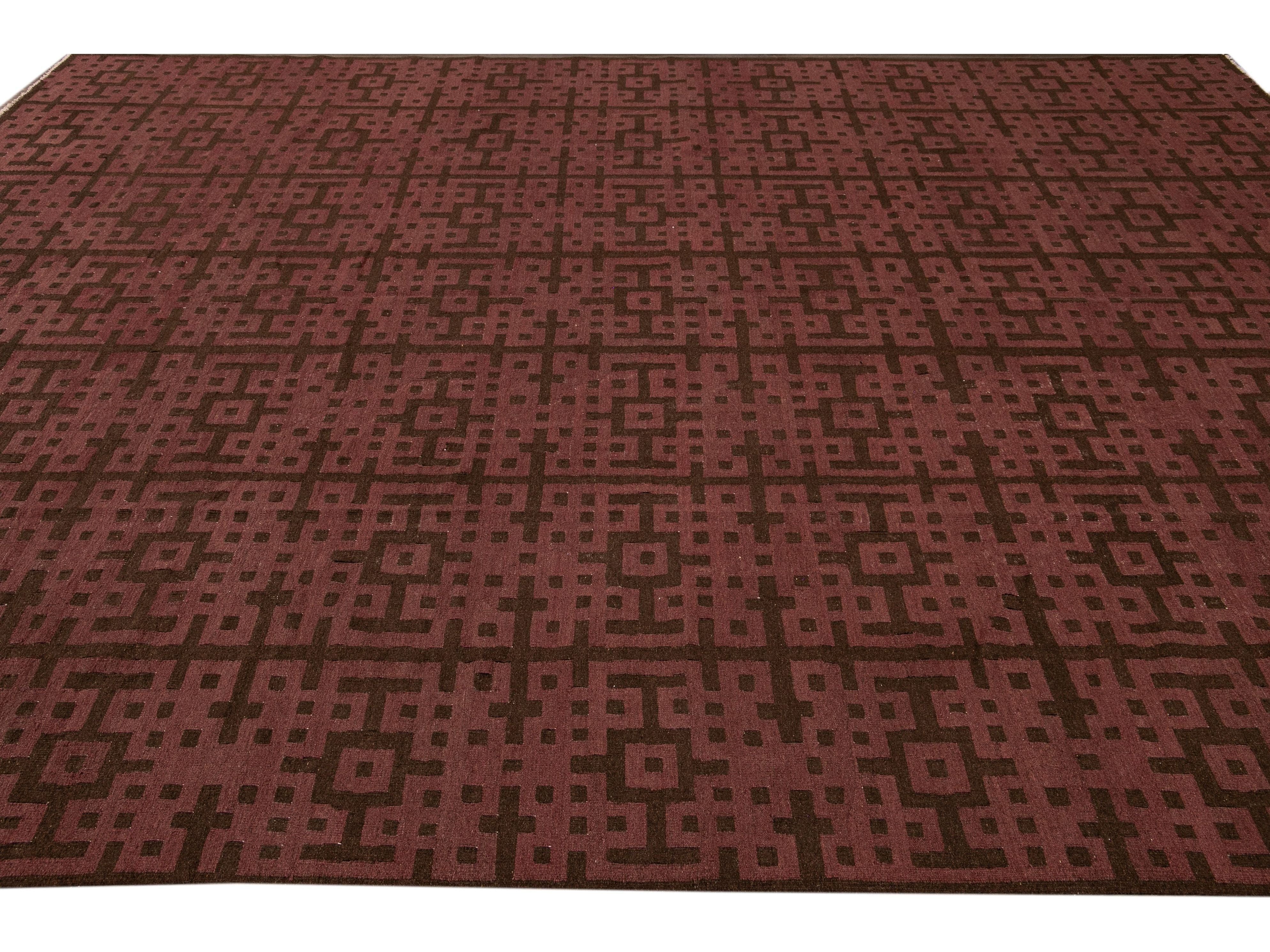 Modern Kilim Handmade Maroon and Brown Geometric Pattern Wool Rug