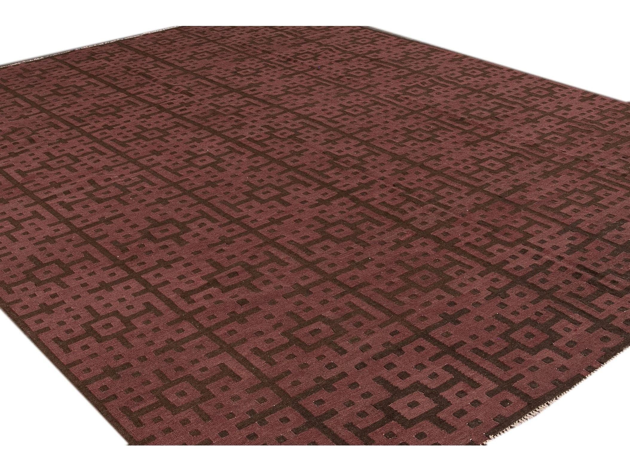 Modern Kilim Handmade Maroon and Brown Geometric Pattern Wool Rug