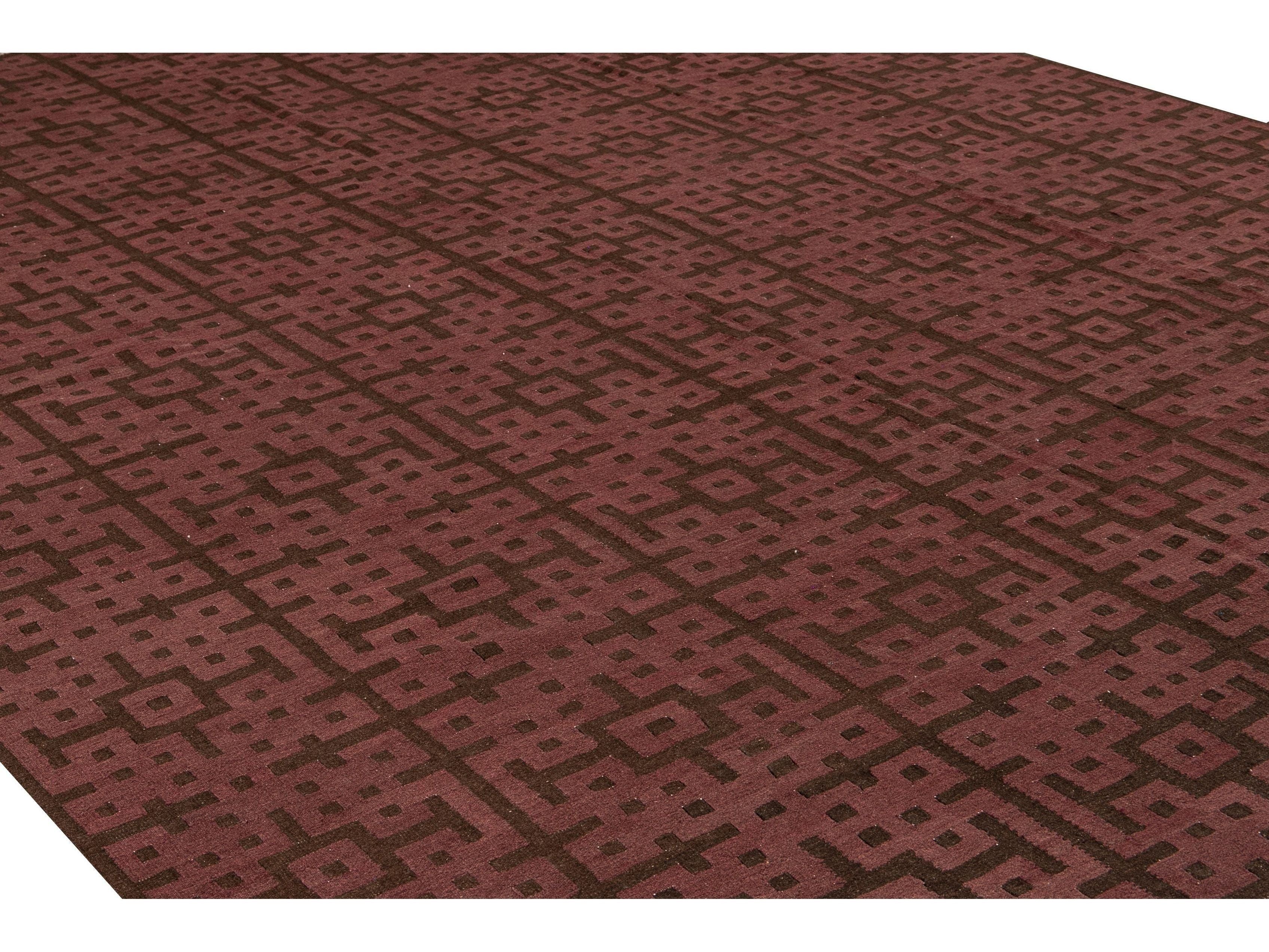 Modern Kilim Handmade Maroon and Brown Geometric Pattern Wool Rug