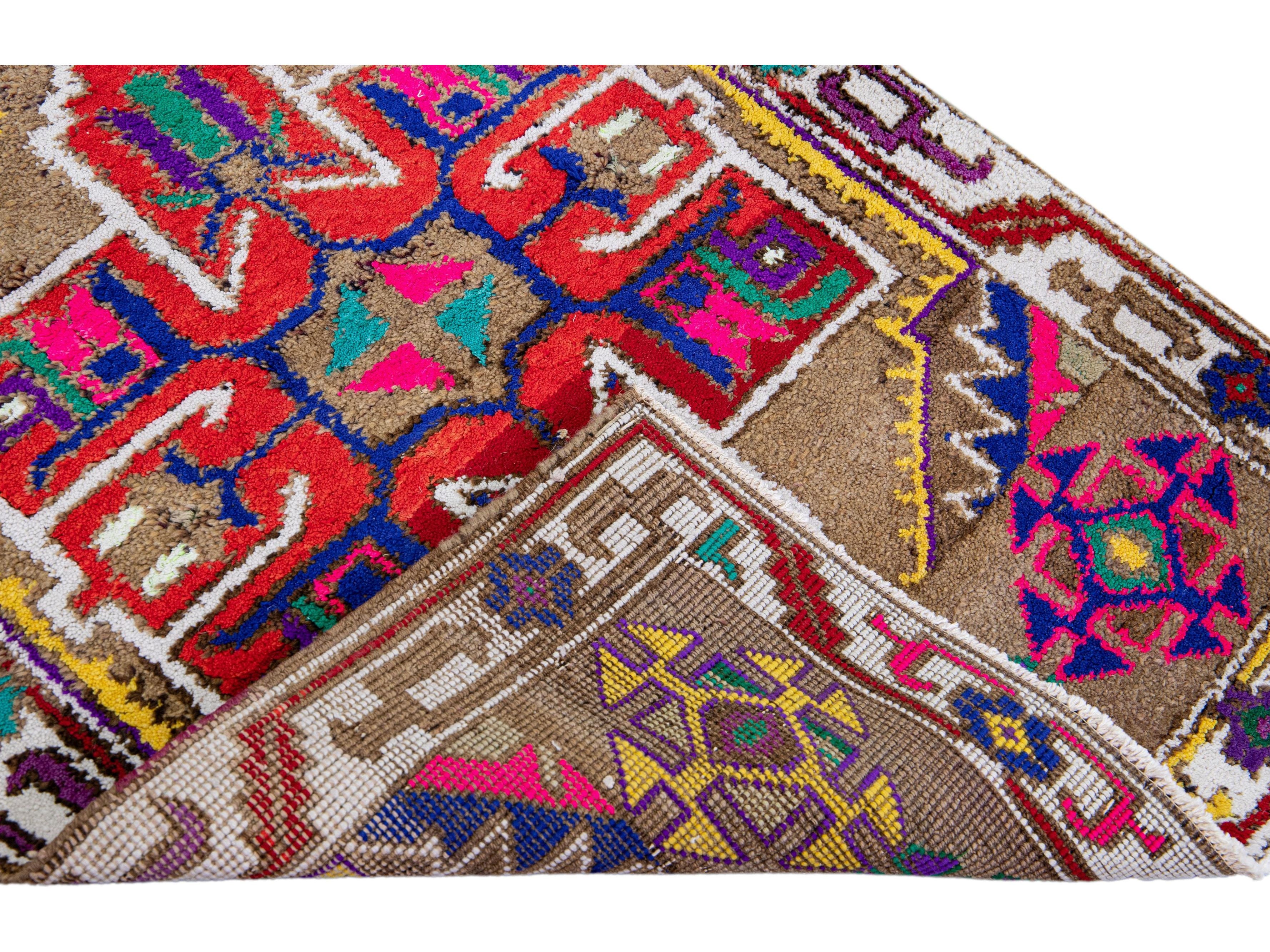 Brown Vintage Turkish Handmade Multicolor Tribal Pattern Wool Runner