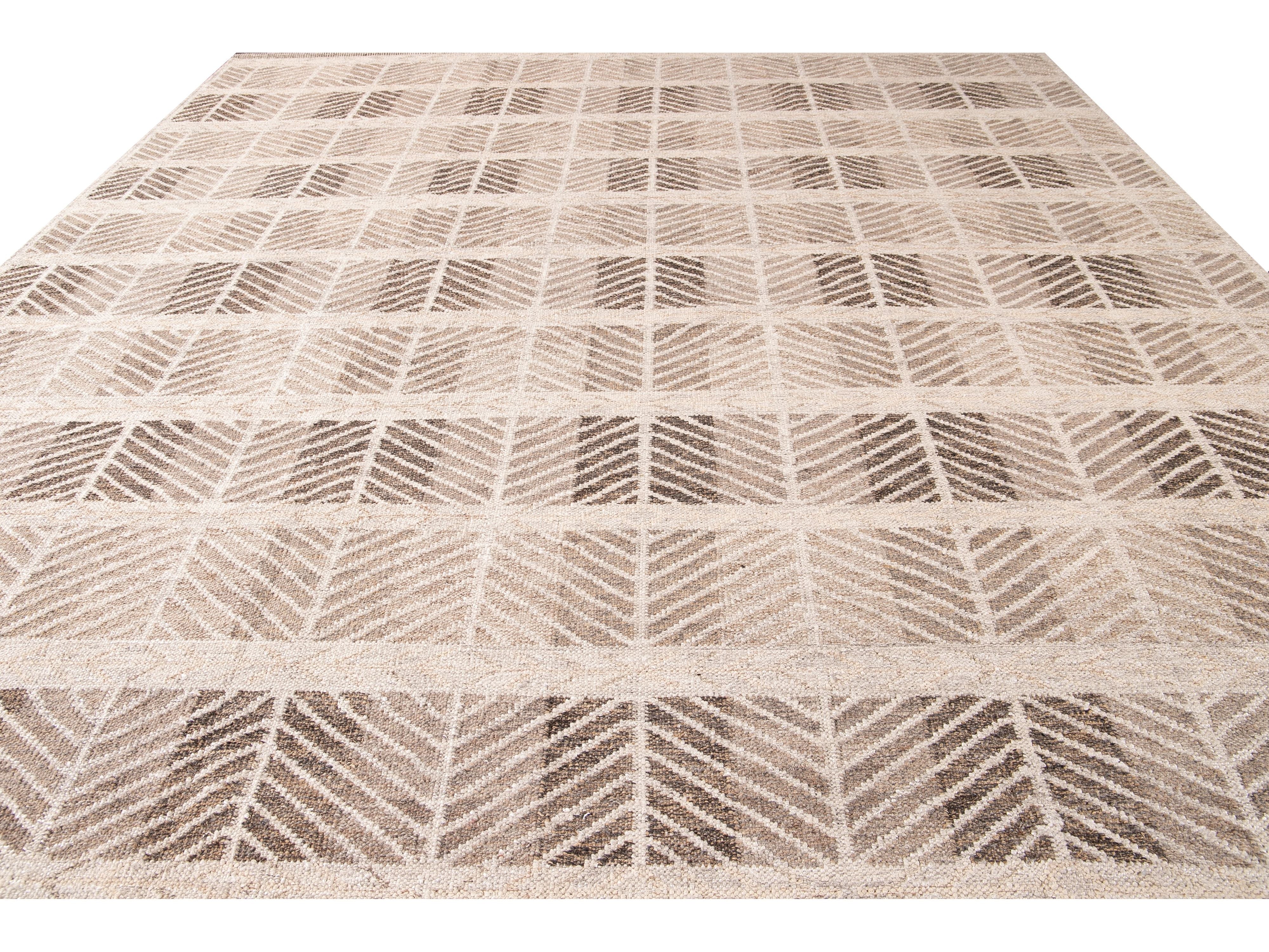 Modern Swedish Style Handmade Beige and Brown Oversize Designed Wool Rug