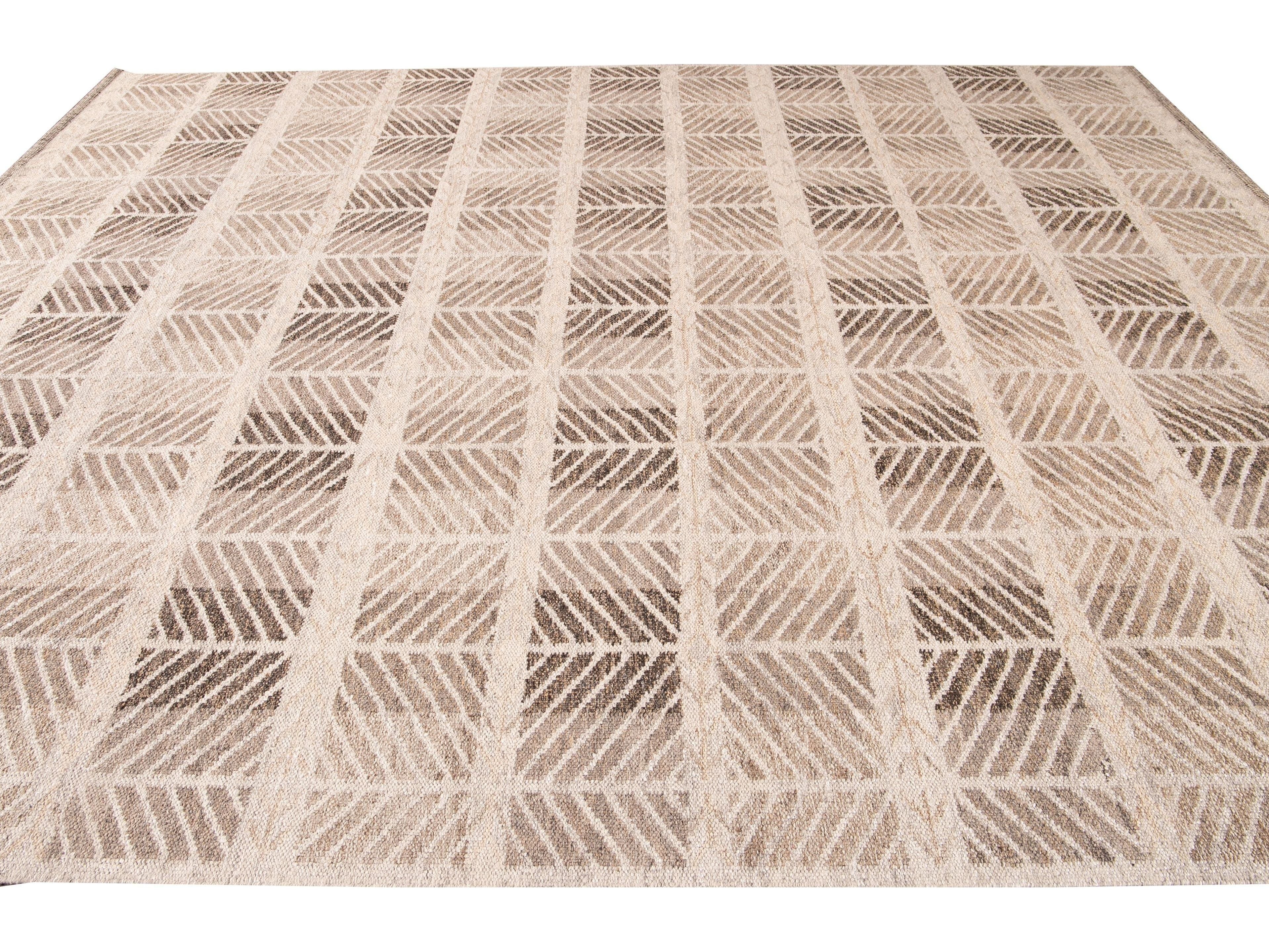 Modern Swedish Style Handmade Beige and Brown Oversize Designed Wool Rug