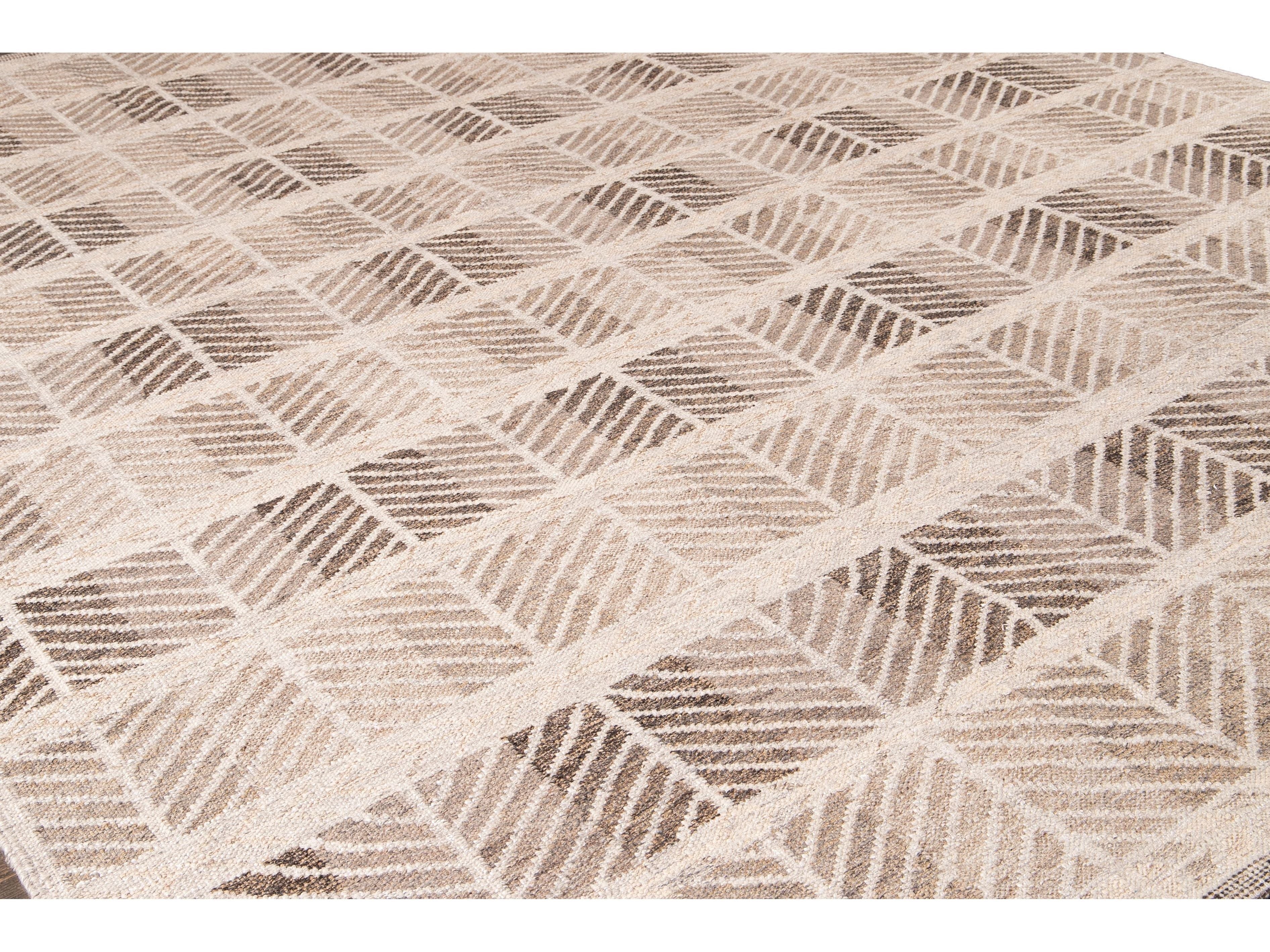 Modern Swedish Style Handmade Beige and Brown Oversize Designed Wool Rug