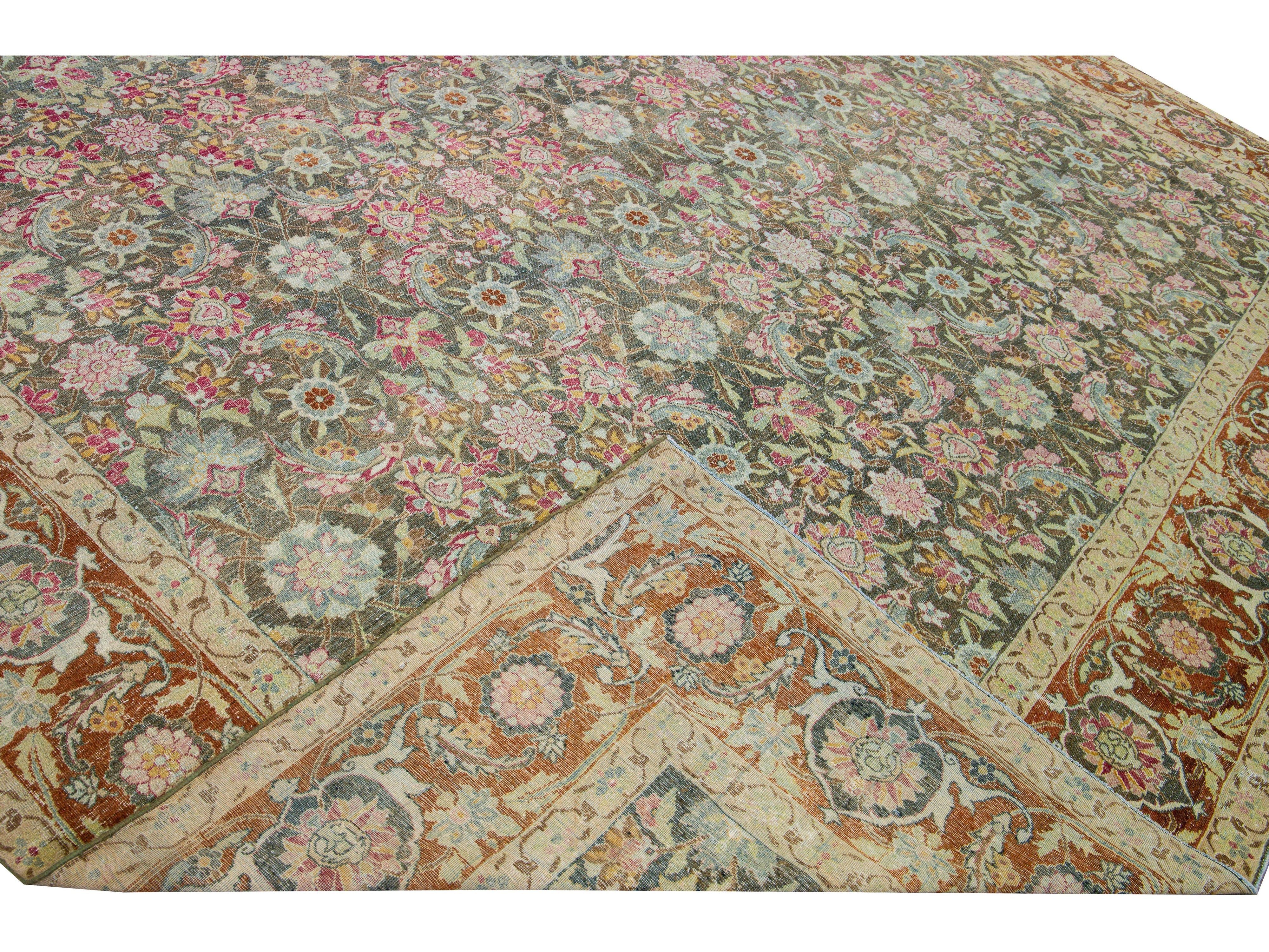 Antique Tabriz Handmade Multicolor Botanical Designed Oversize Gray Wool Rug