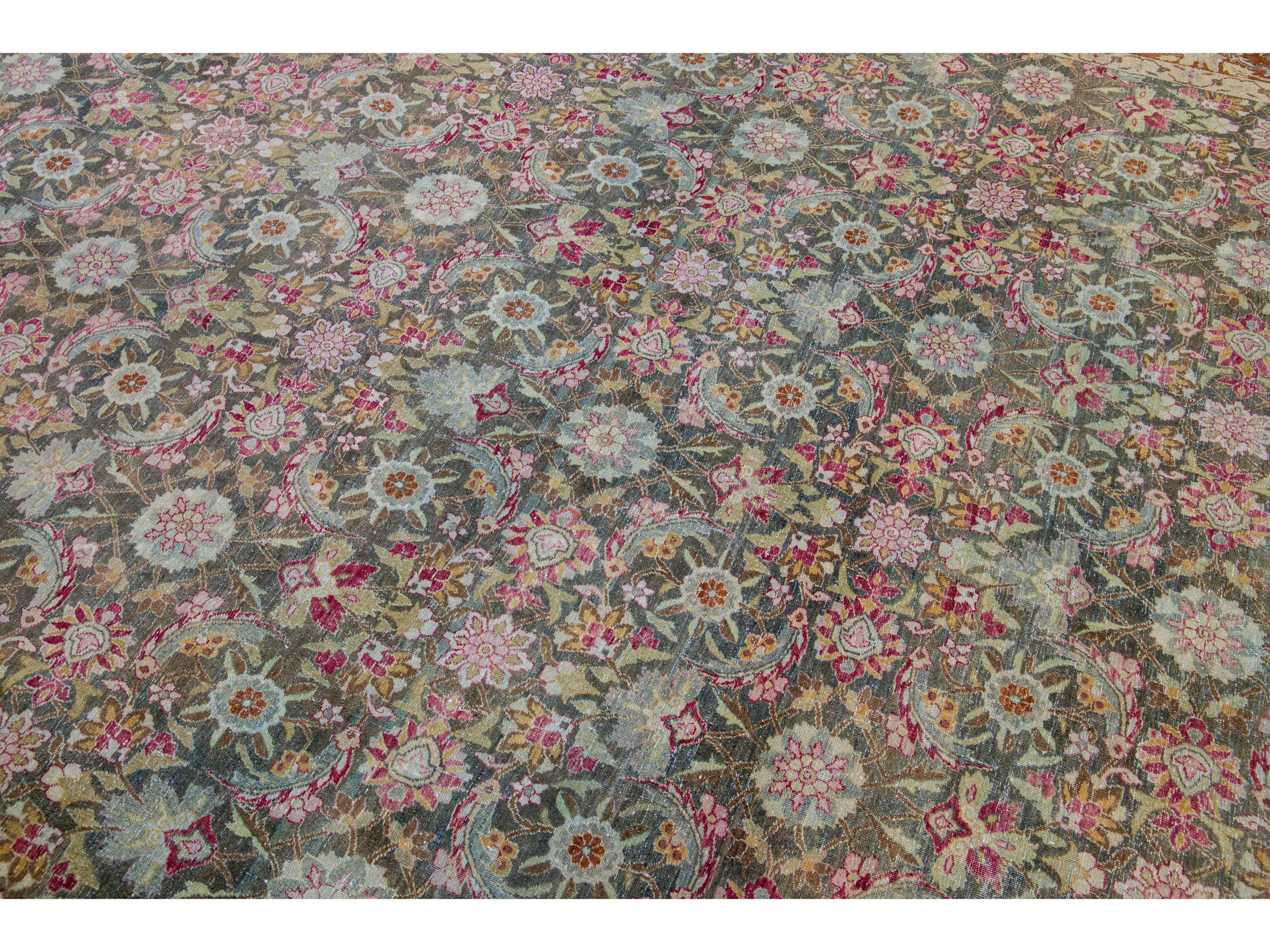 Antique Tabriz Handmade Multicolor Botanical Designed Oversize Gray Wool Rug