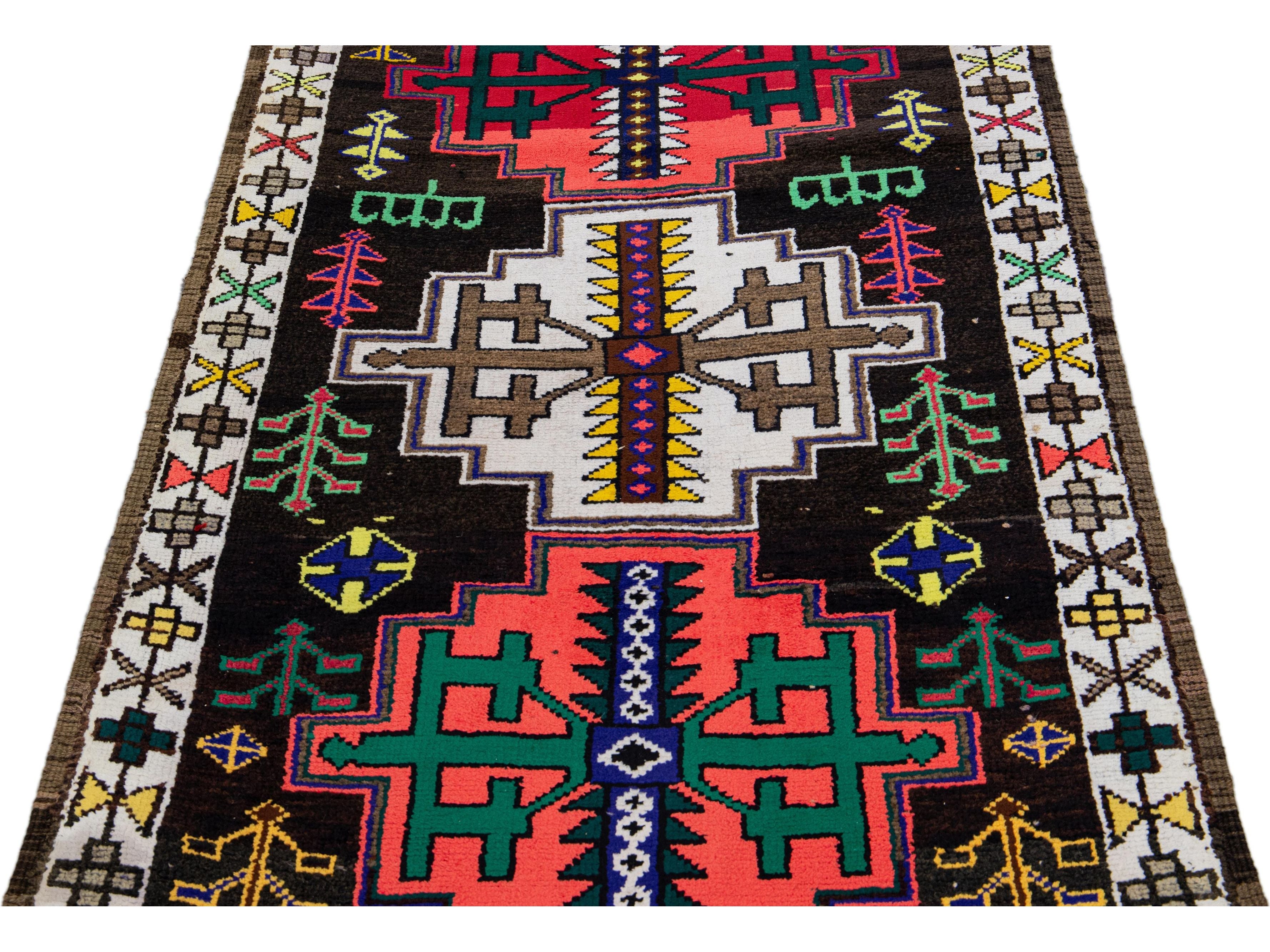 Vintage Brown Turkish Handmade Multicolor Tribal Pattern Wool Runner