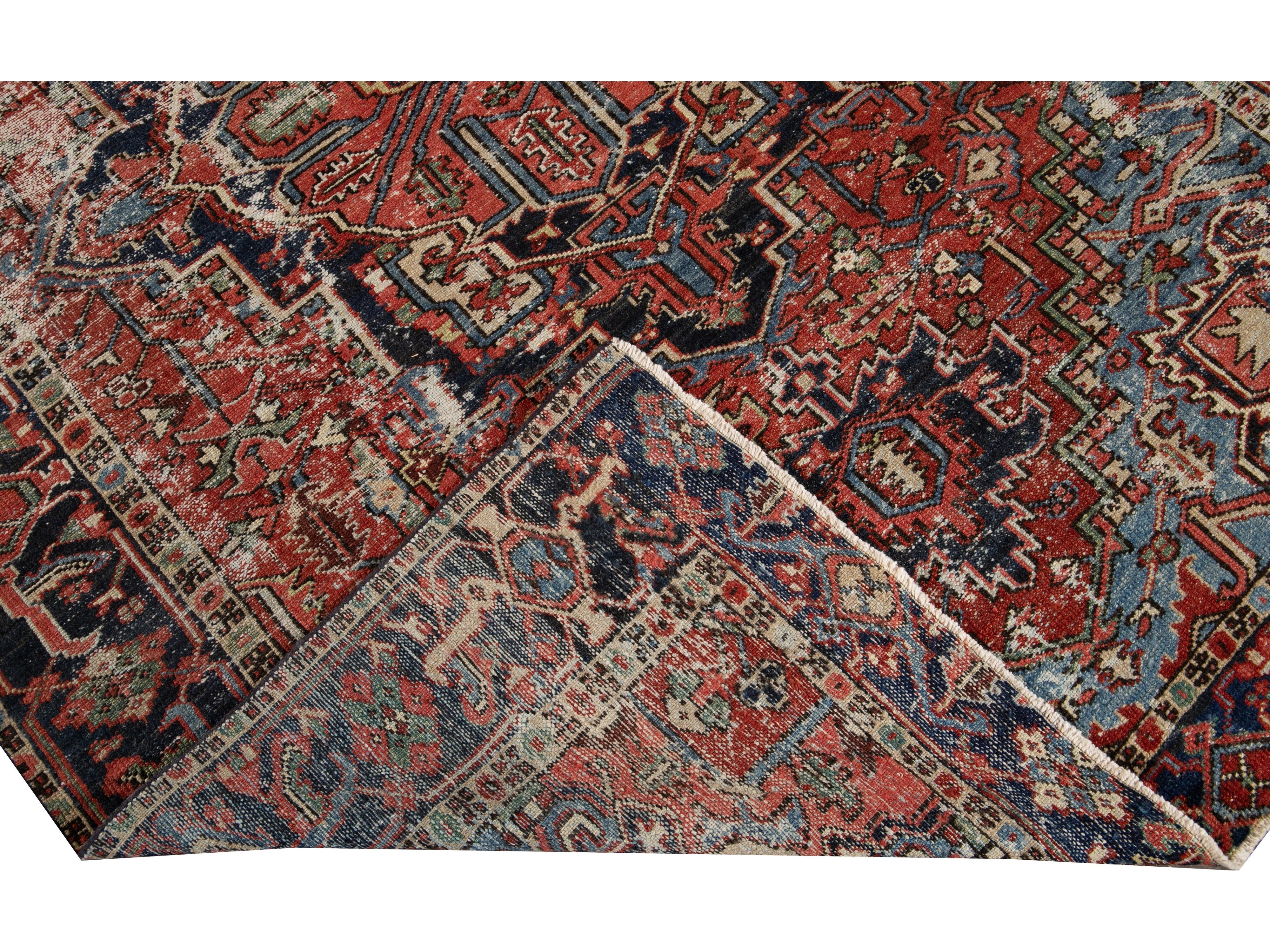 Red Antique Persian Heriz Handmade Wool Rug With Medallion Design