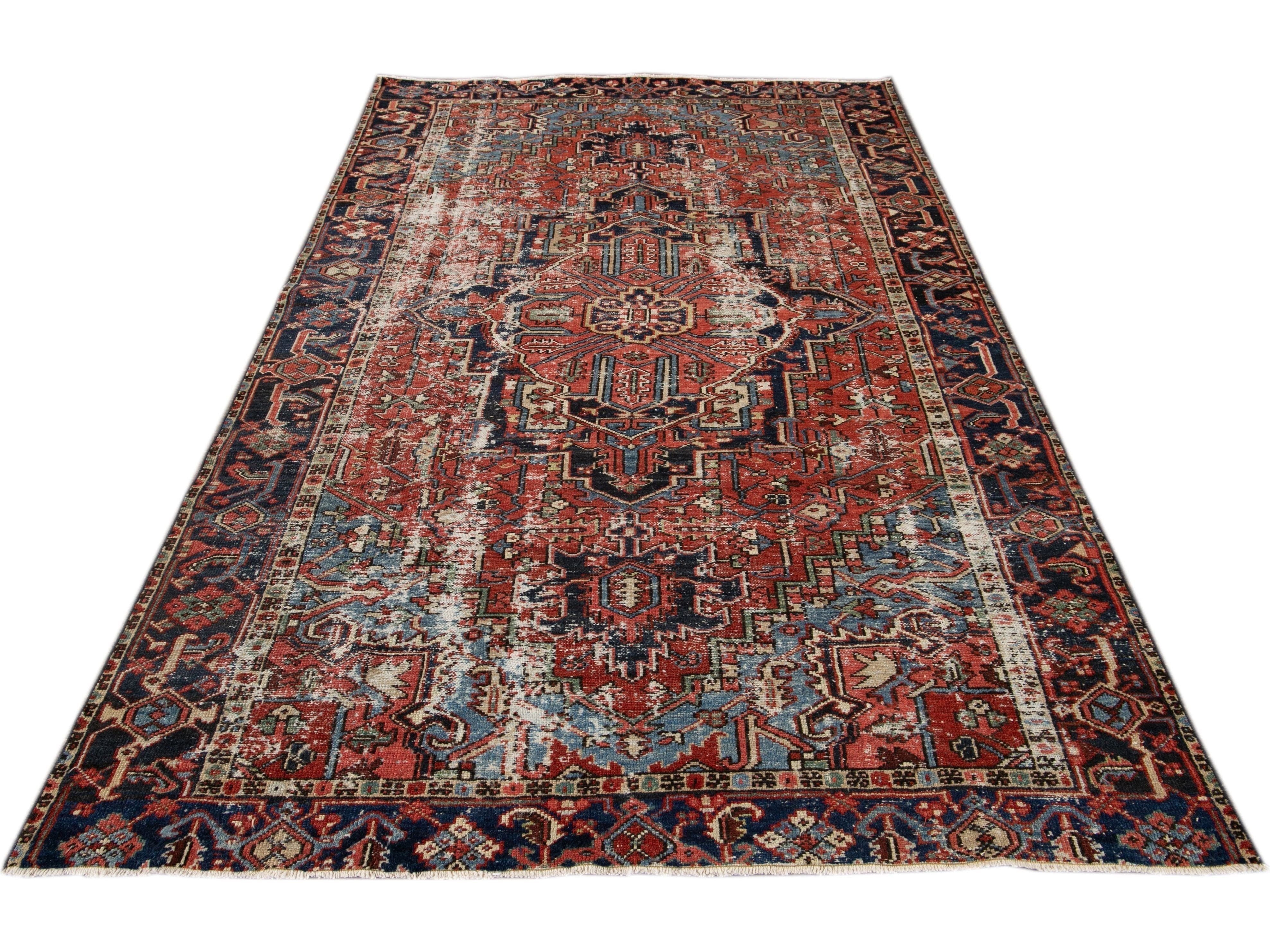 Red Antique Persian Heriz Handmade Wool Rug With Medallion Design