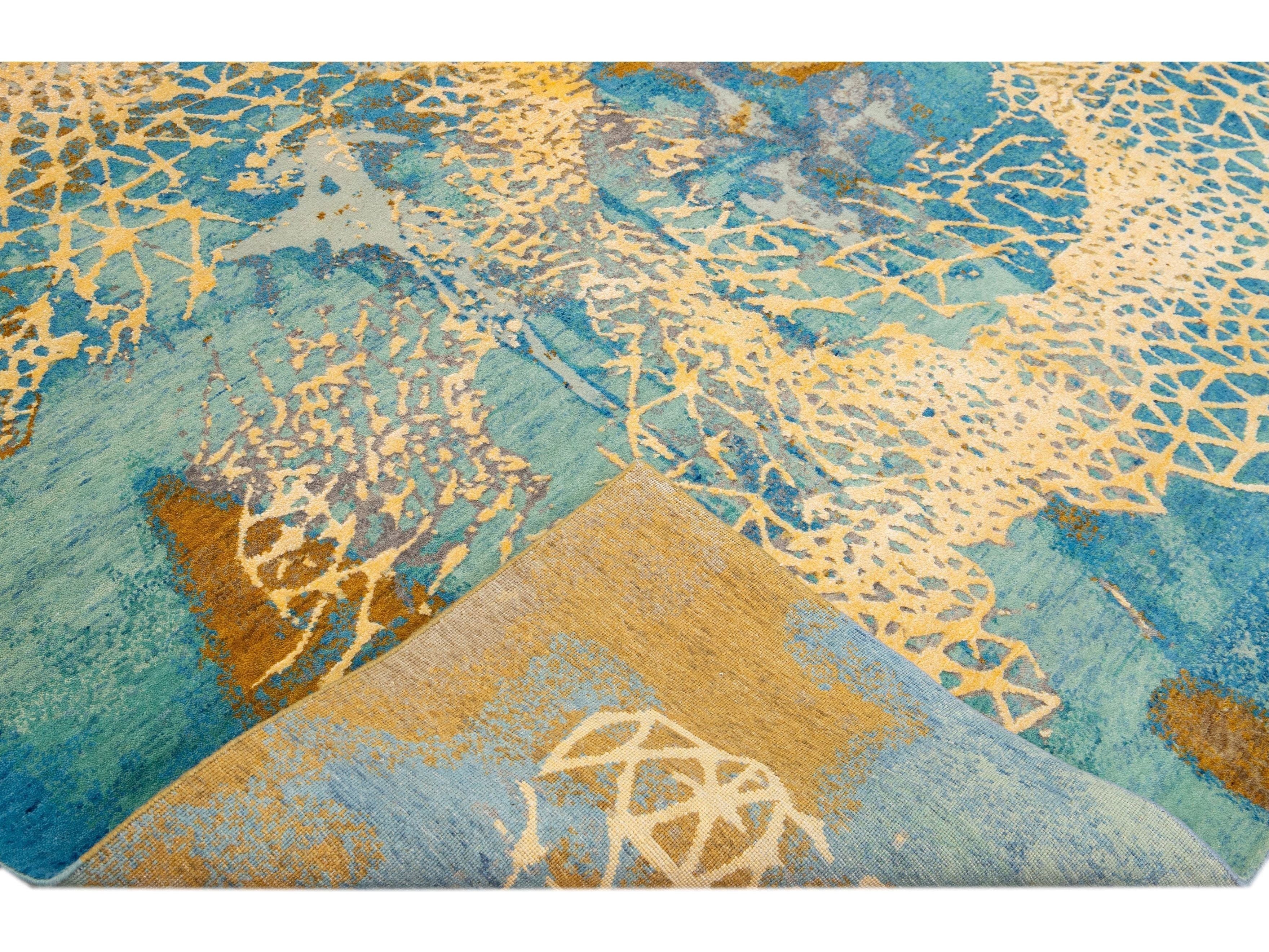 Modern Golden And Teal Abstract Indian Handmade Coastal Designed Wool & Silk Rug