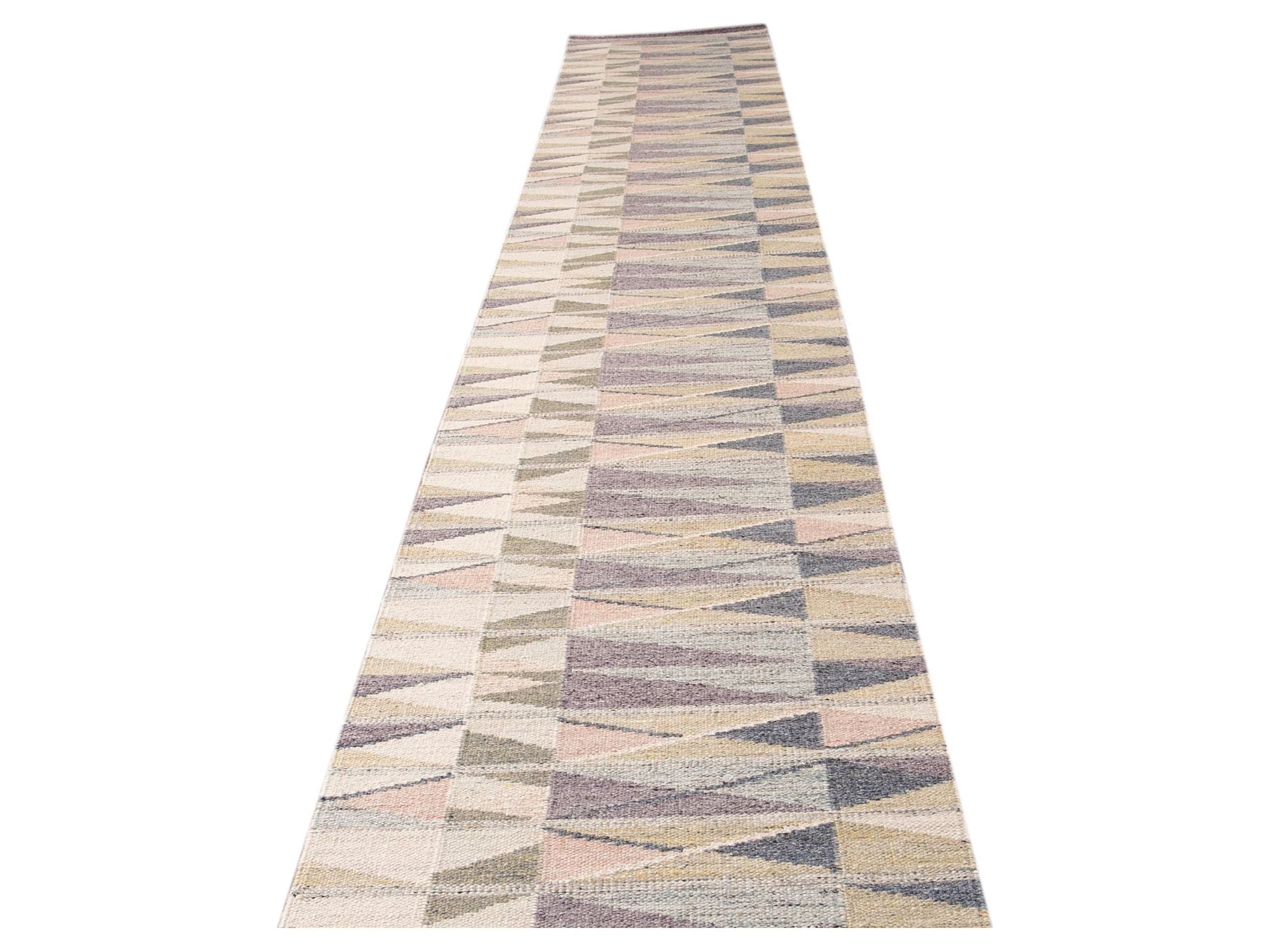 Modern Swedish Style Handmade Multicolor Geometric Abstract Wool Runner