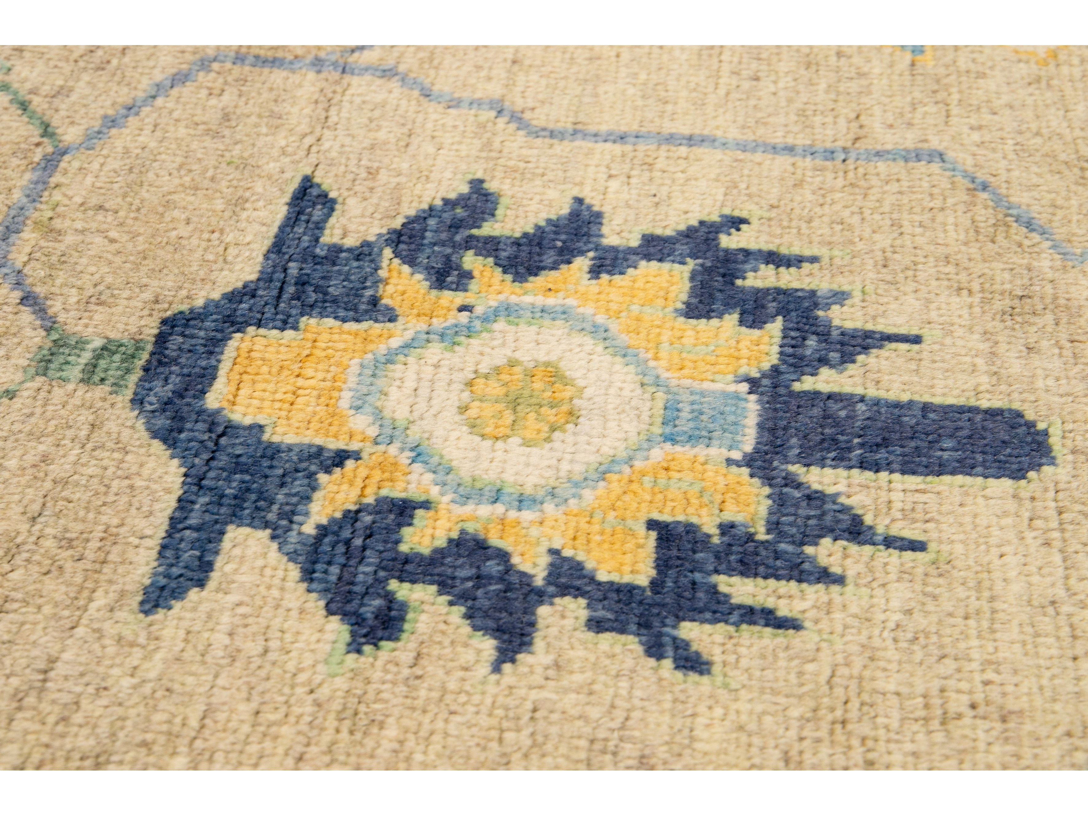 Modern Tan Oushak Handmade Multicolor Floral Motif Wool Rug