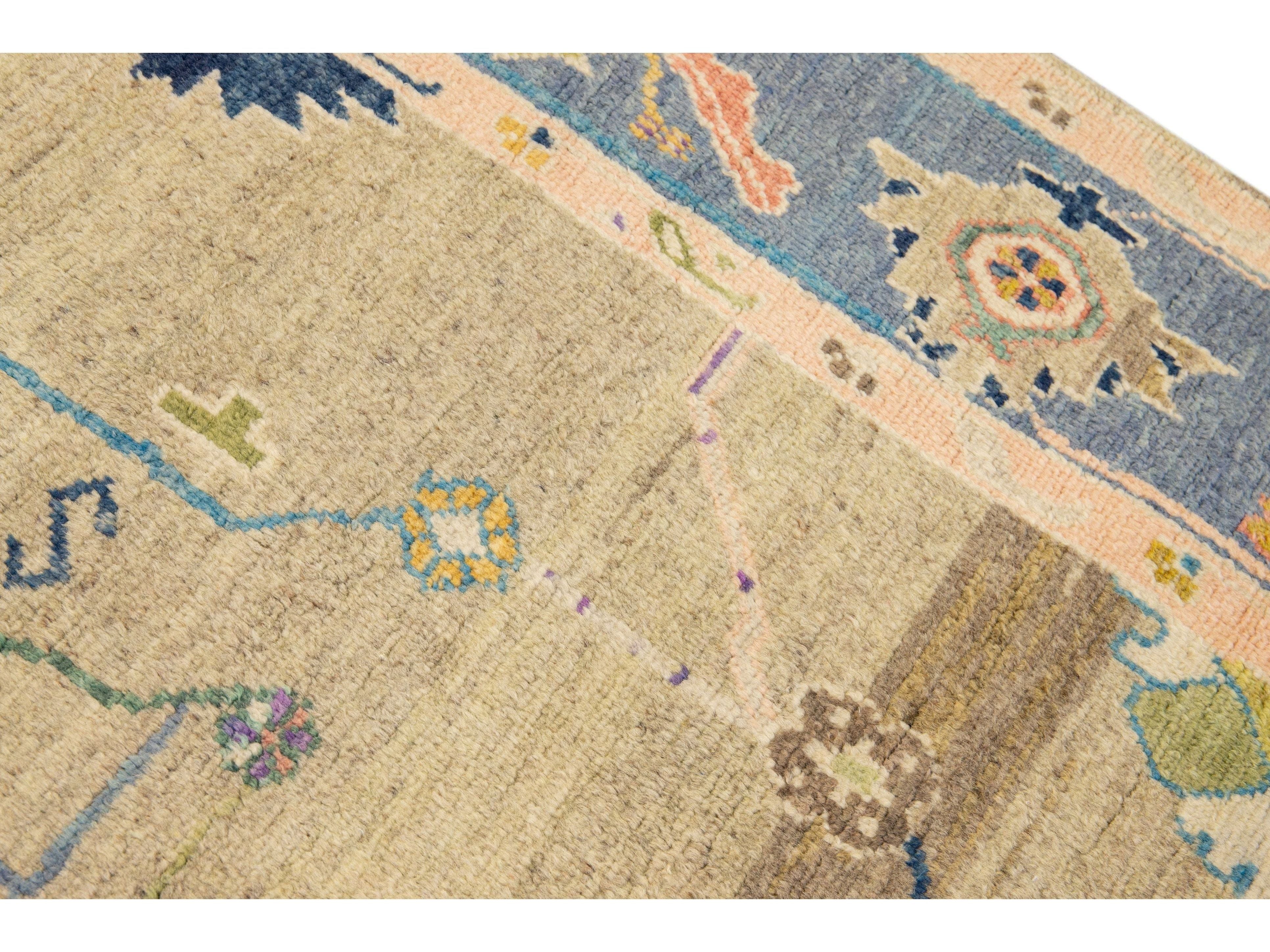 Modern Tan Oushak Handmade Multicolor Floral Motif Wool Rug