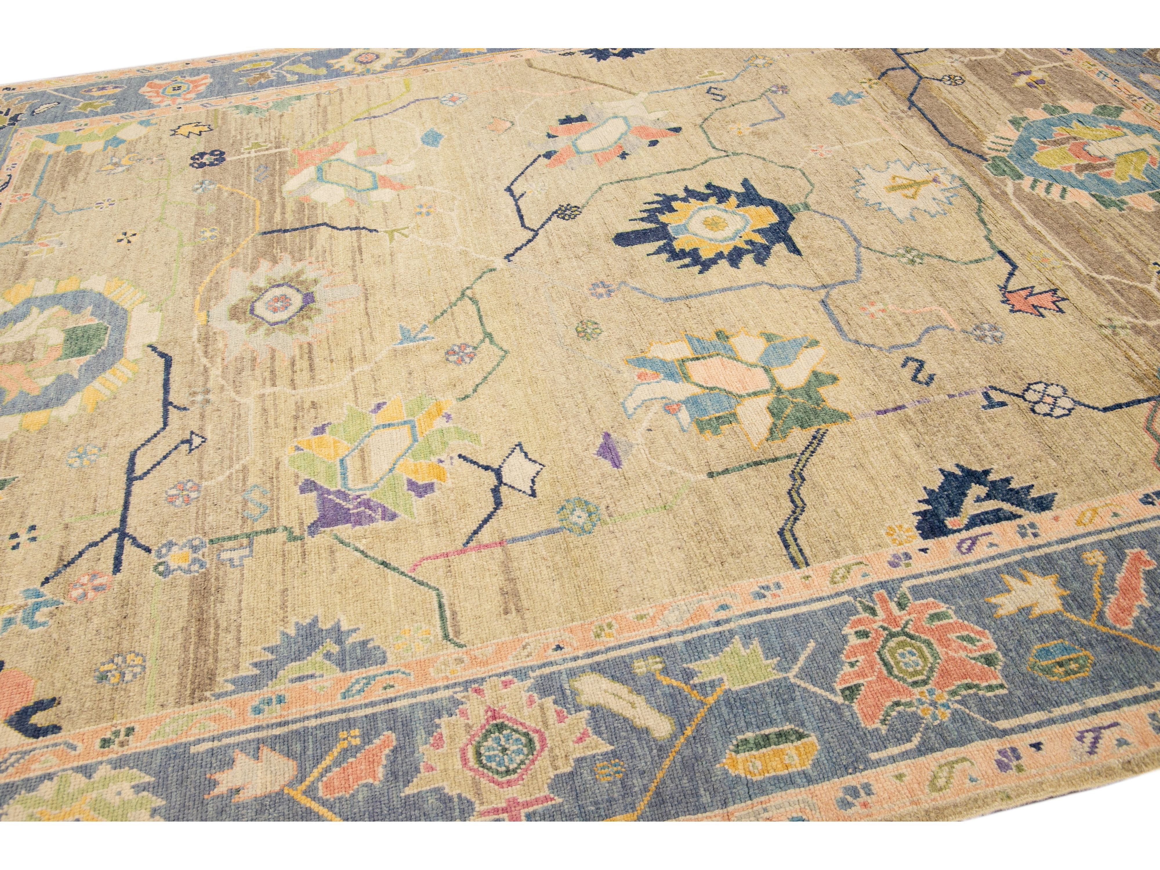 Modern Tan Oushak Handmade Multicolor Floral Motif Wool Rug