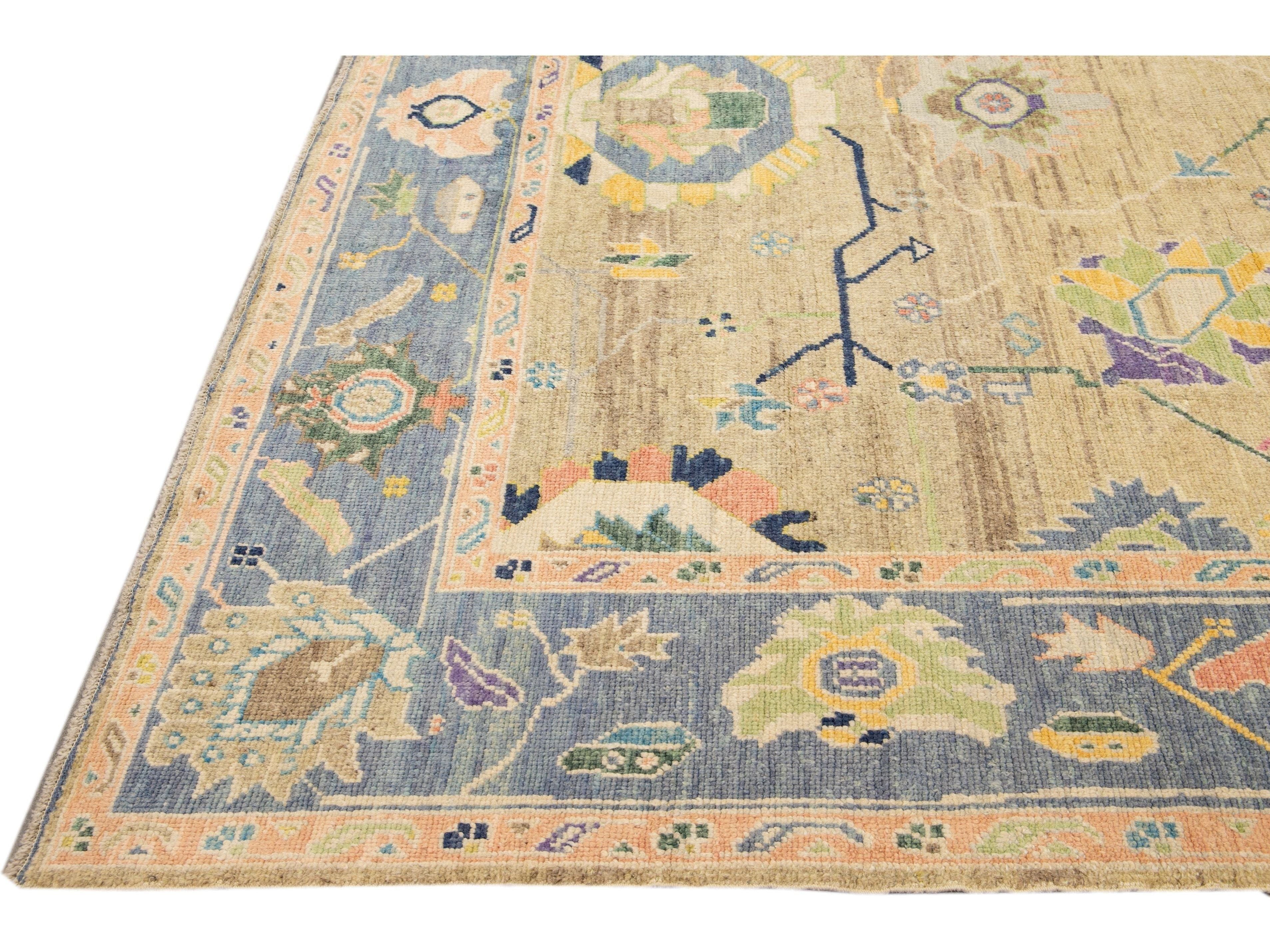 Modern Tan Oushak Handmade Multicolor Floral Motif Wool Rug
