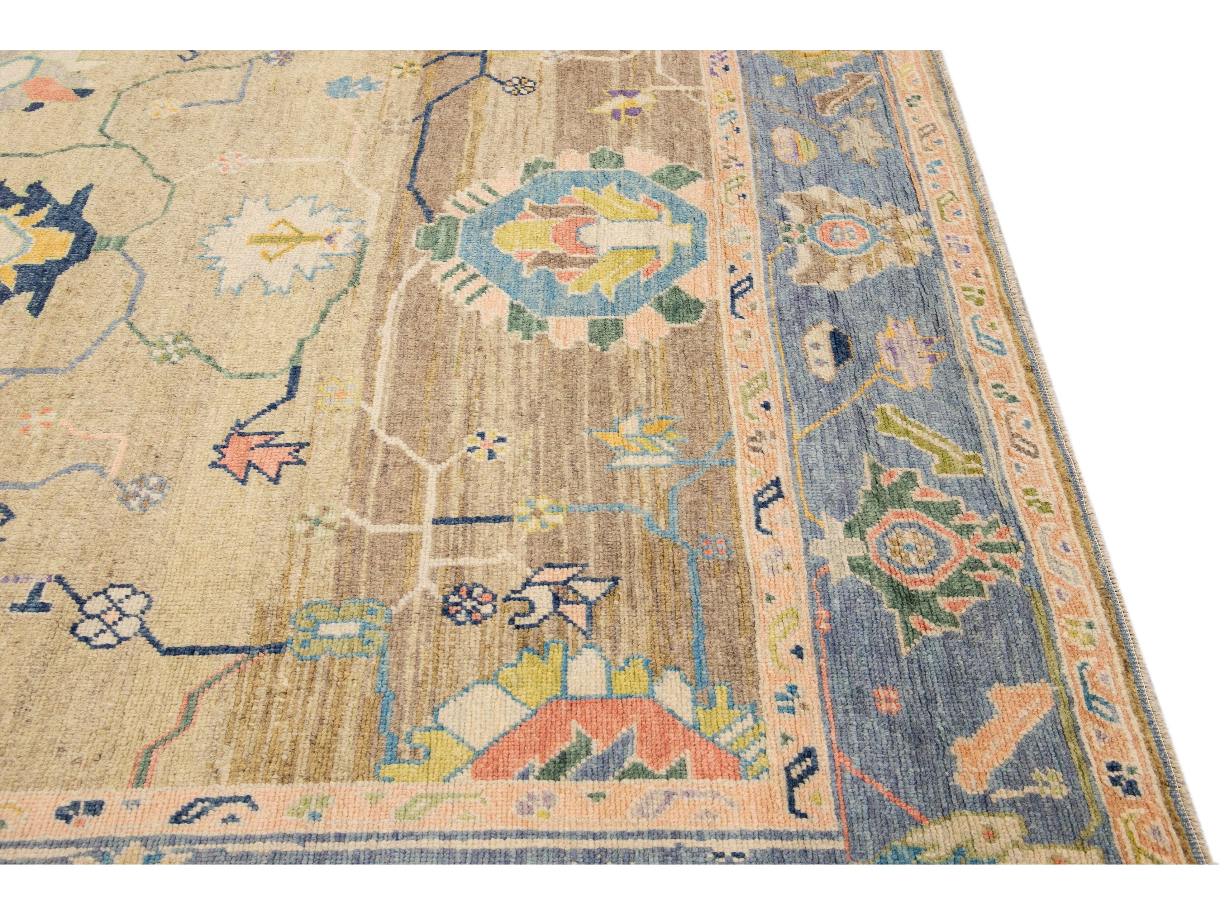 Modern Tan Oushak Handmade Multicolor Floral Motif Wool Rug