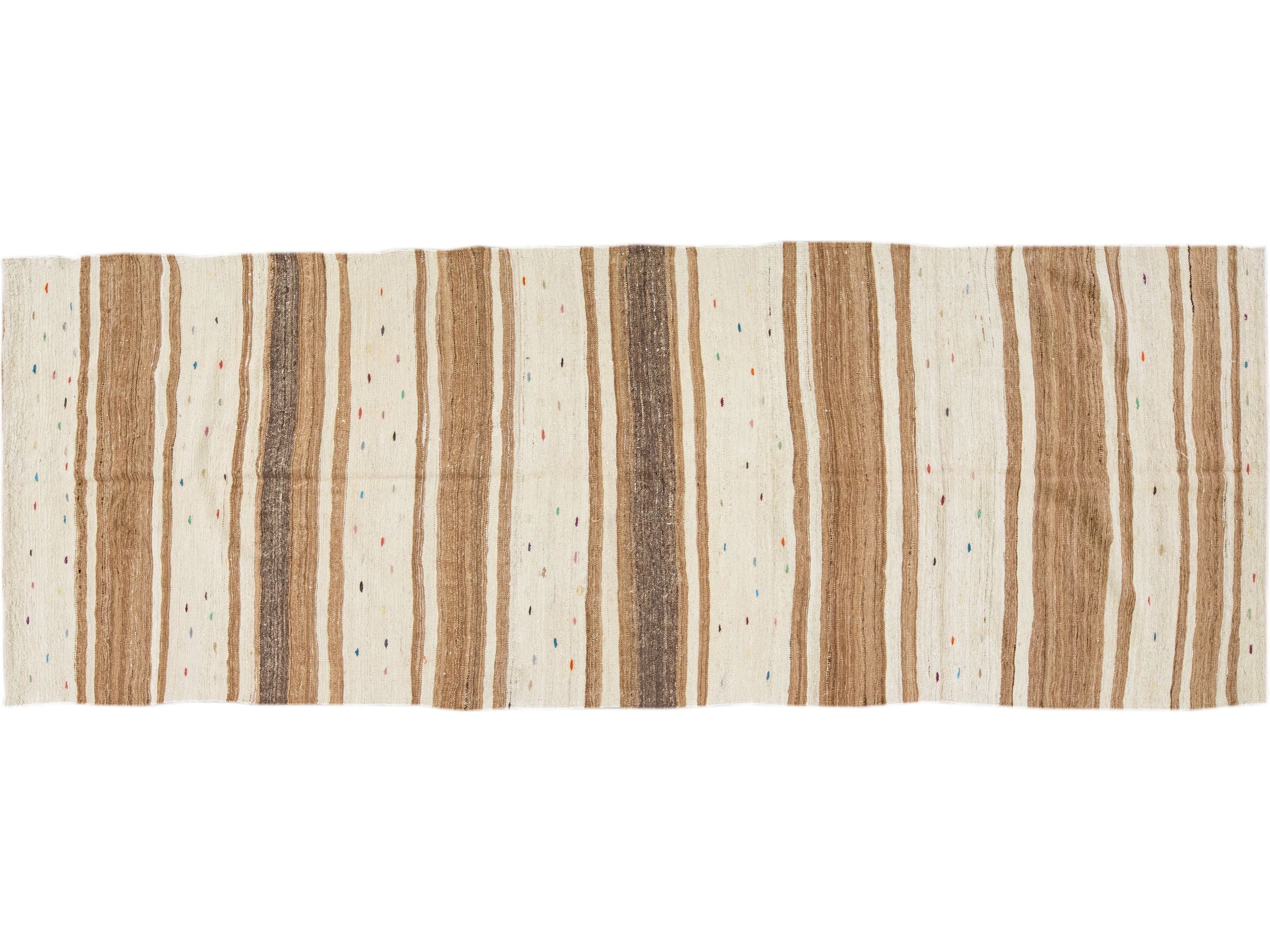 Beige Vintage Kilim Handmade Flatweave Striped Motif Wool Runner