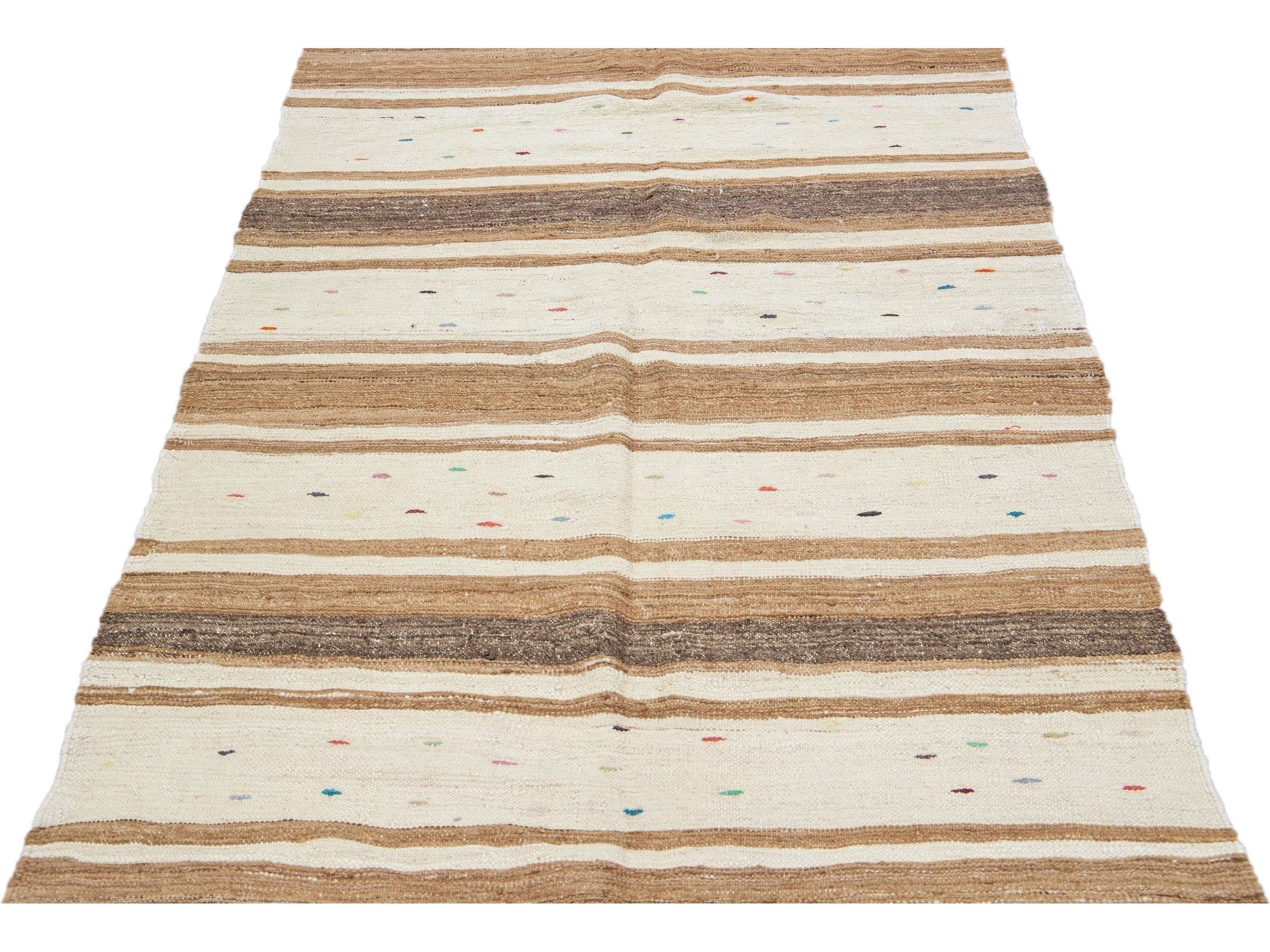 Beige Vintage Kilim Handmade Flatweave Striped Motif Wool Runner