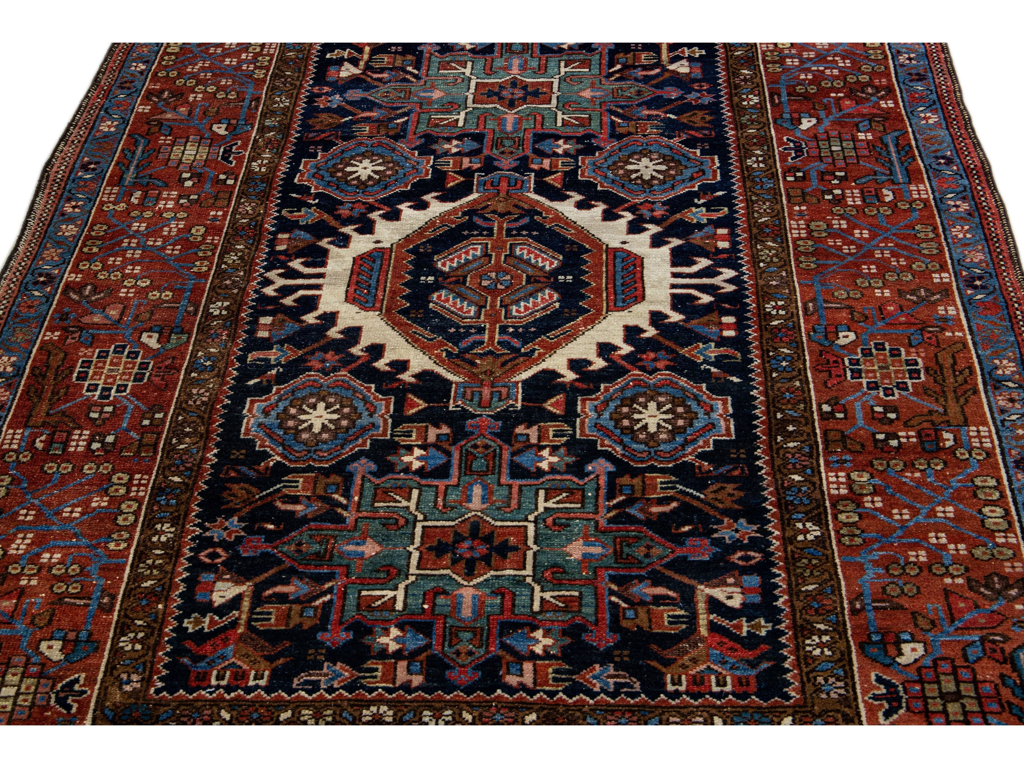  Antique Heriz Handmade Medallion Blue and Red Wool Rug