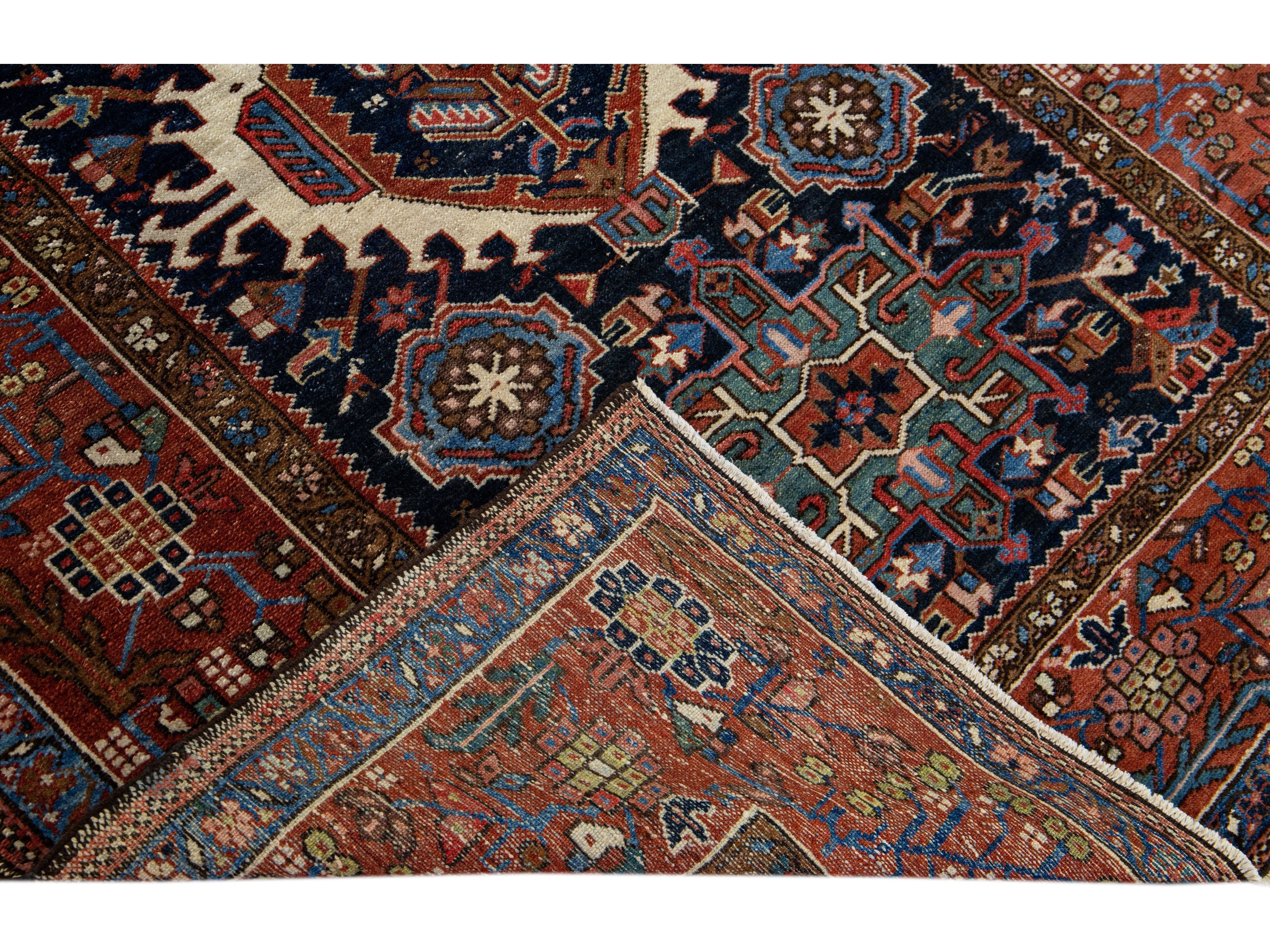  Antique Heriz Handmade Medallion Blue and Red Wool Rug