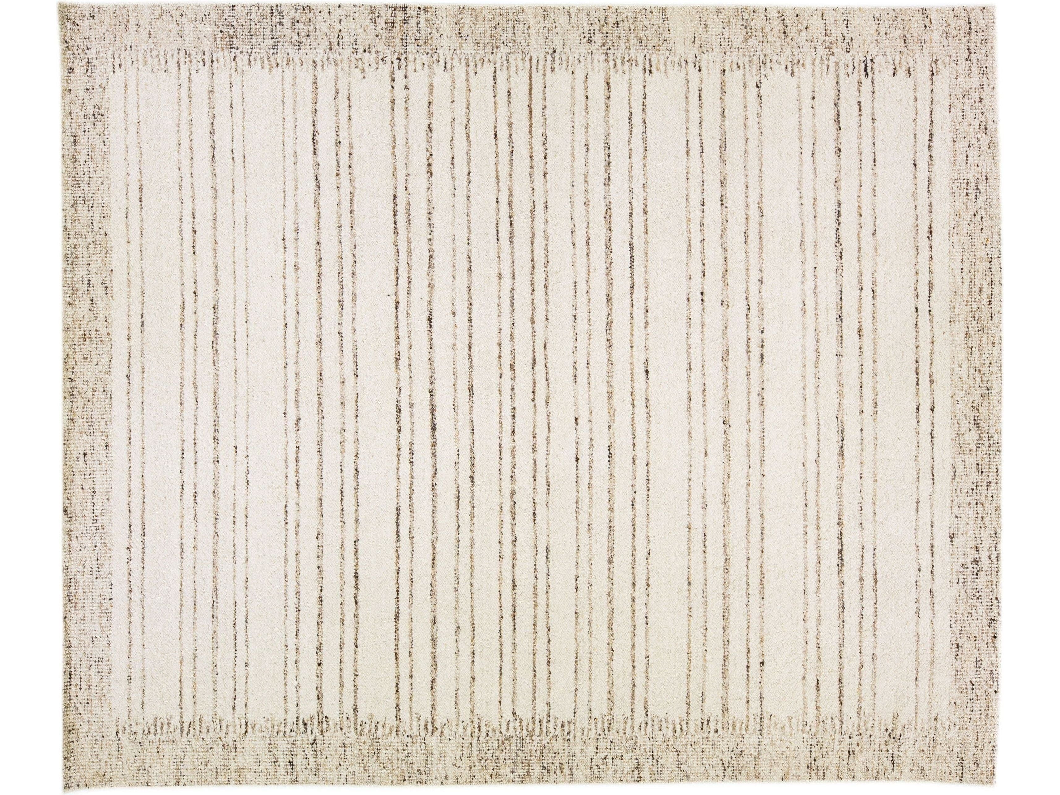Modern Moroccan Style Beige Handmade Oversize Wool Rug With Stripe Motif