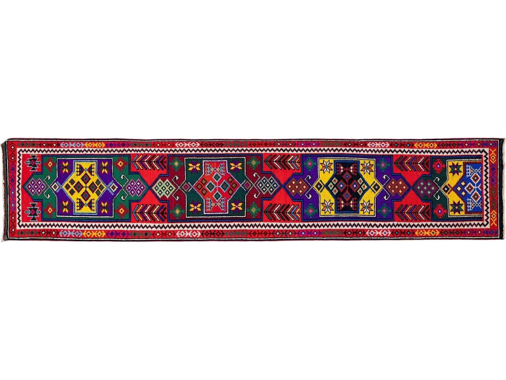 Vintage Turkish Handmade Multicolor Tribal Pattern Red Wool Runner