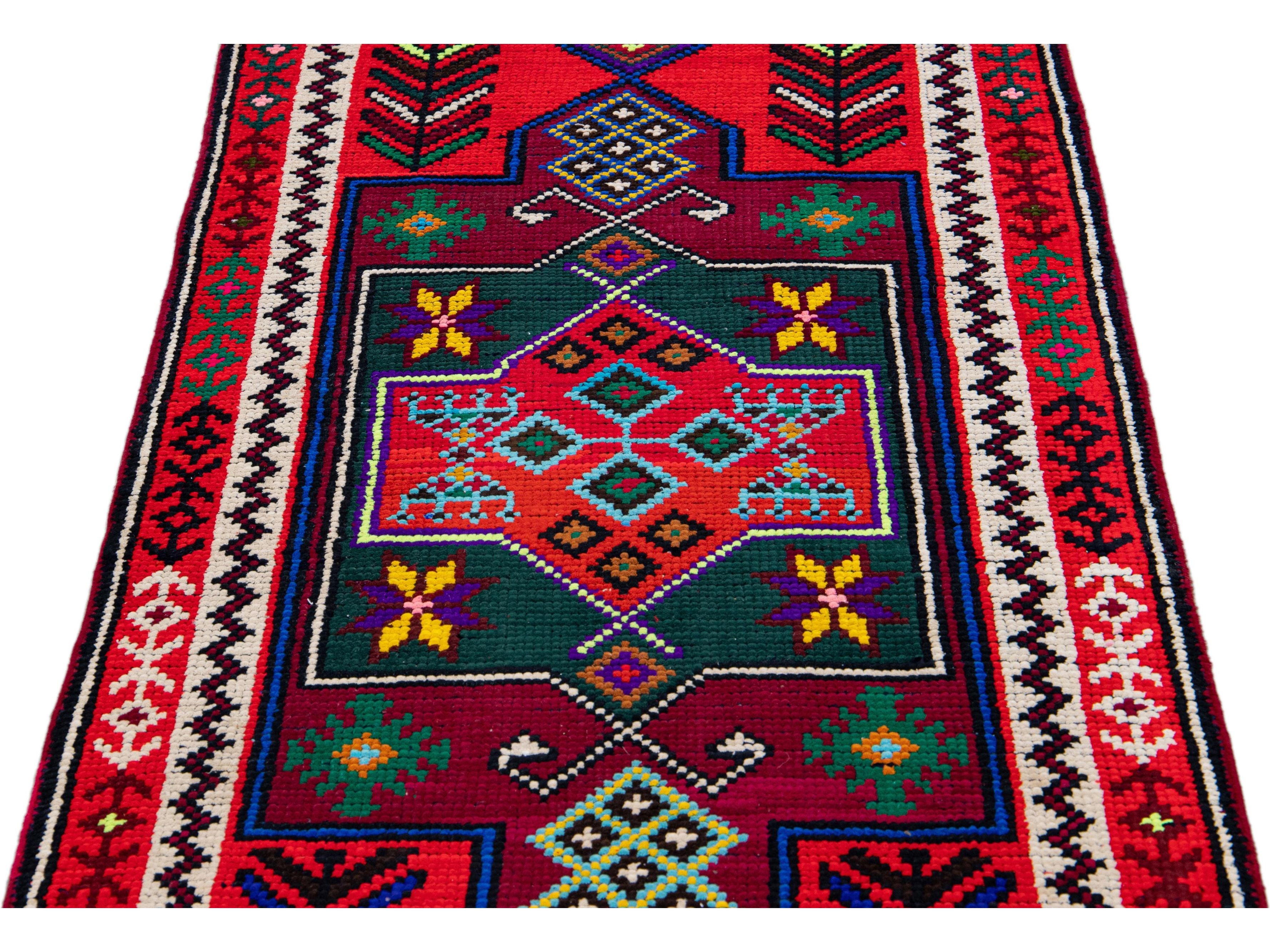 Vintage Turkish Handmade Multicolor Tribal Pattern Red Wool Runner