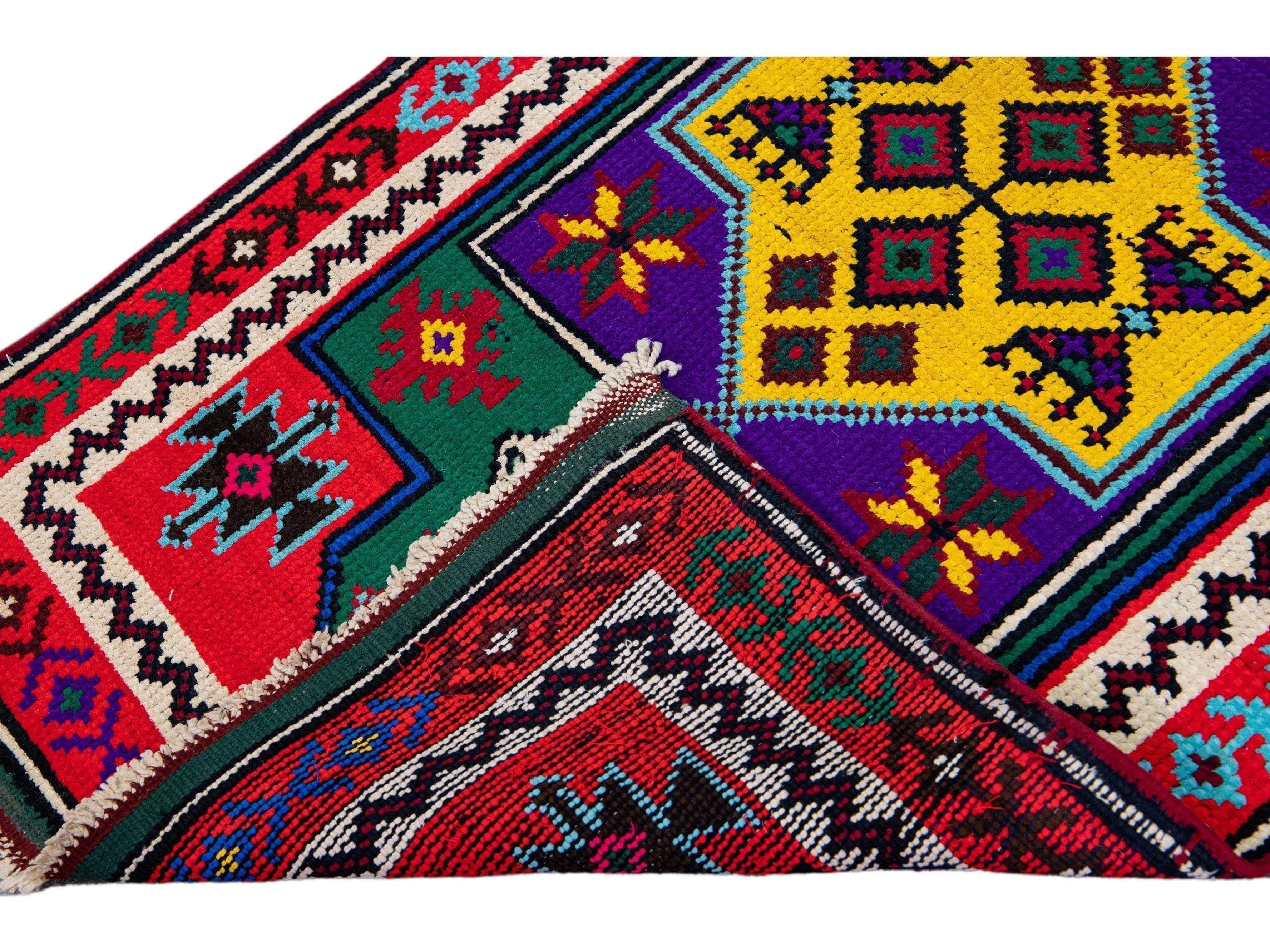 Vintage Turkish Handmade Multicolor Tribal Pattern Red Wool Runner