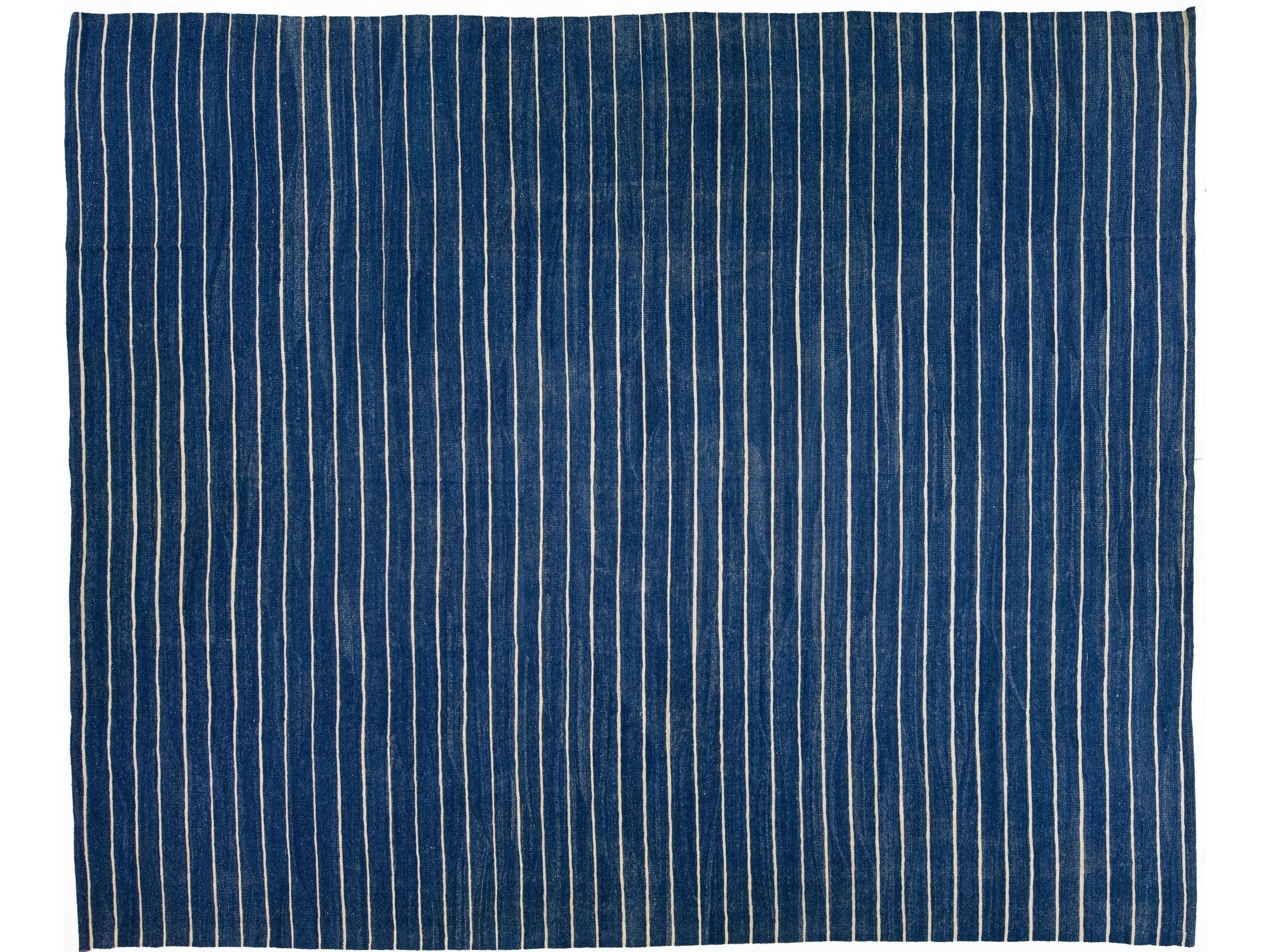 Modern Kilim Flat-Weave Navy Blue Oversize Wool Rug with Stripe Pattern