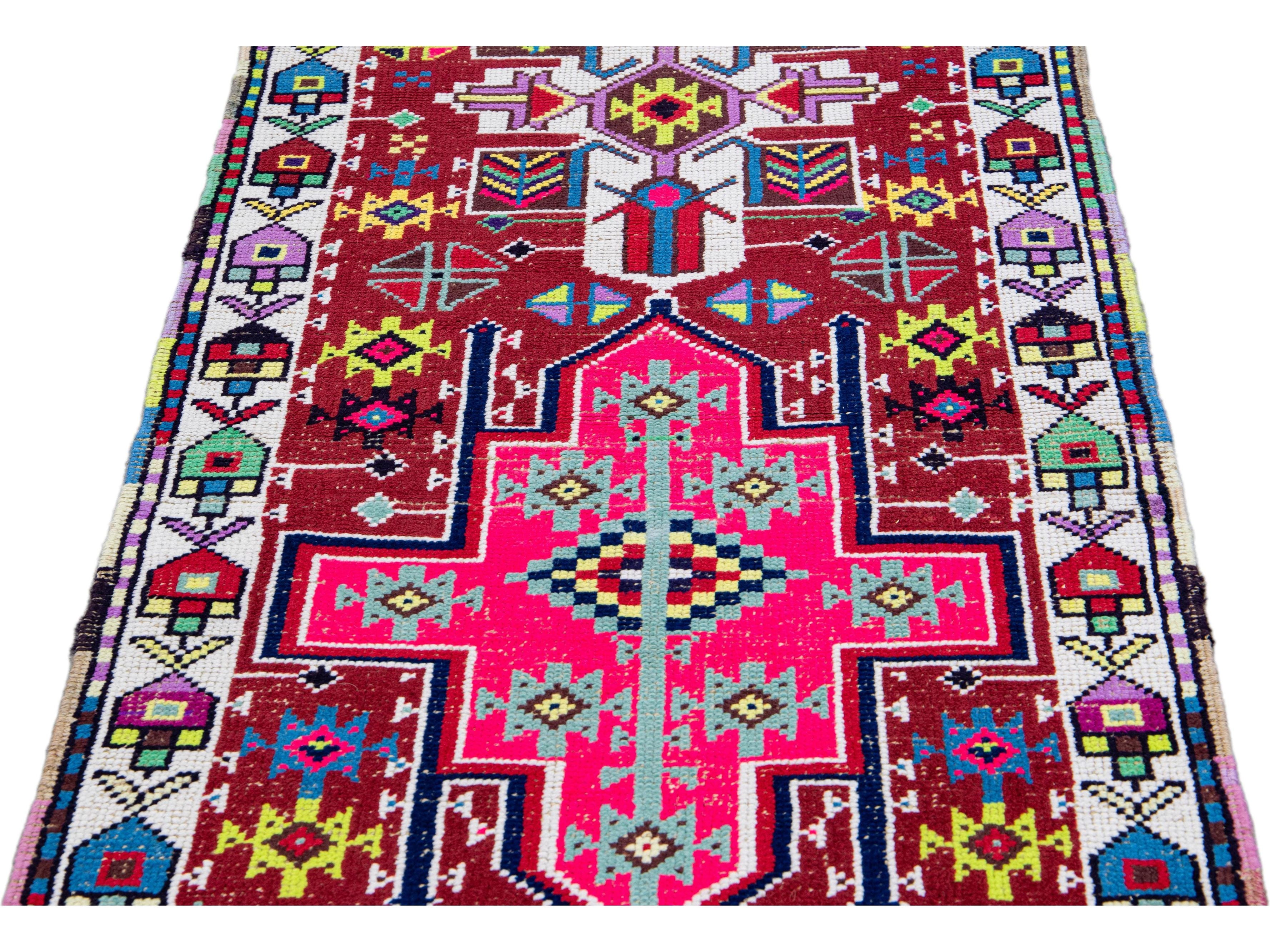 Vintage Red Turkish Handmade Multicolor Geometric Pattern Wool Runner