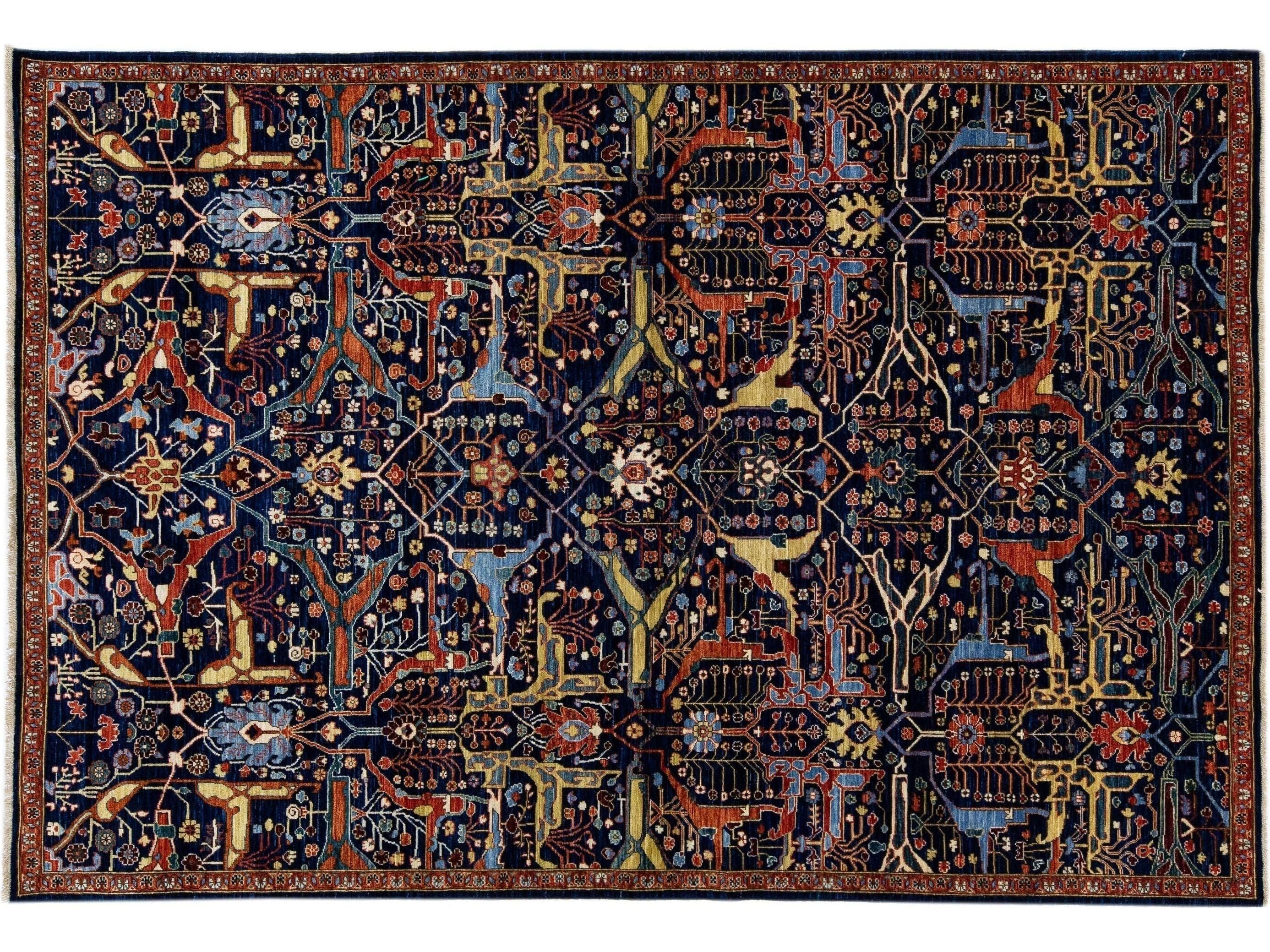 Modern Bidjar Style Handmade Dark Blue Wool Rug With Allover Motif