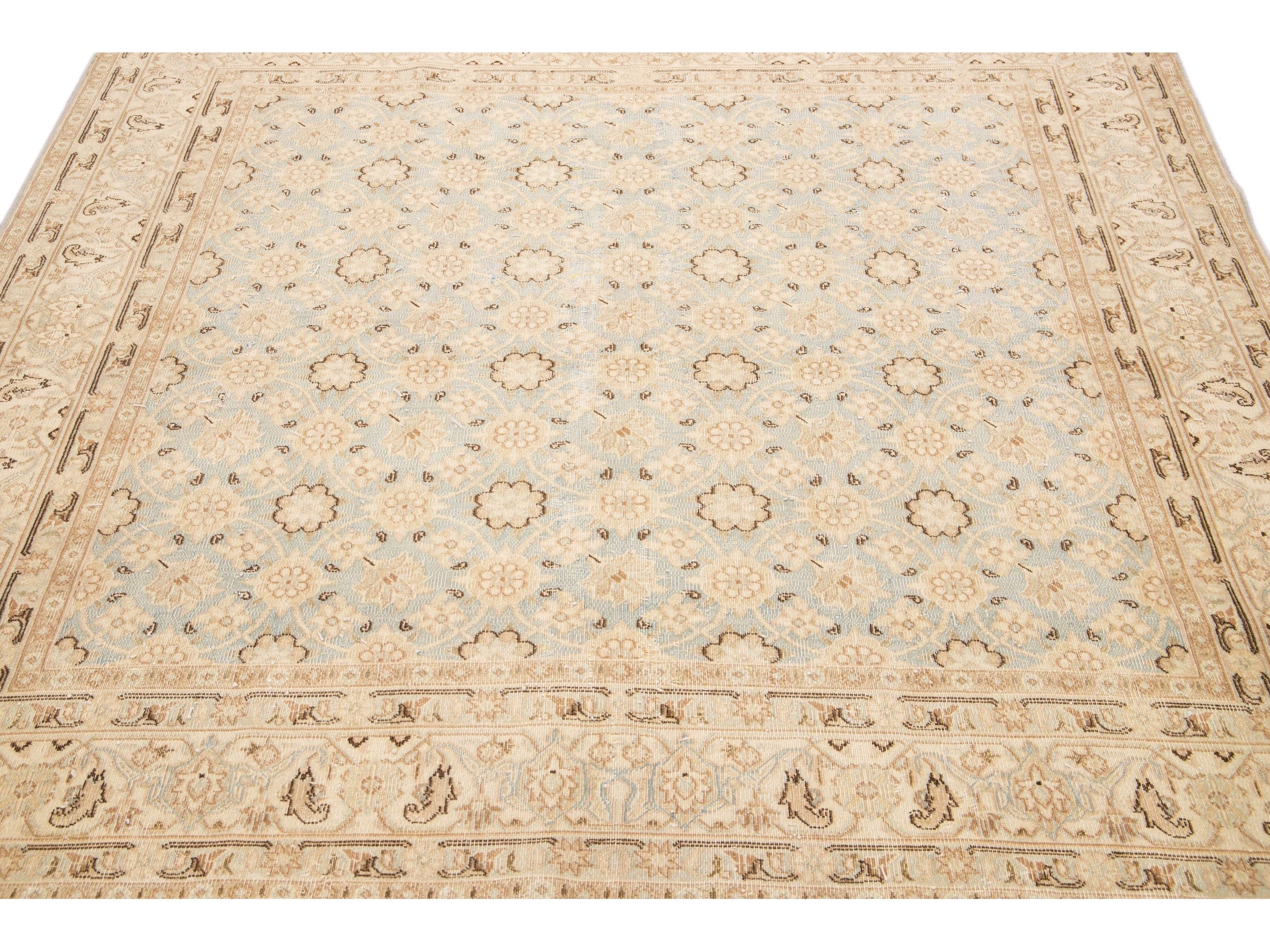 Antique Persian Tabriz Handmade Floral Beige And Blue Square Wool Rug