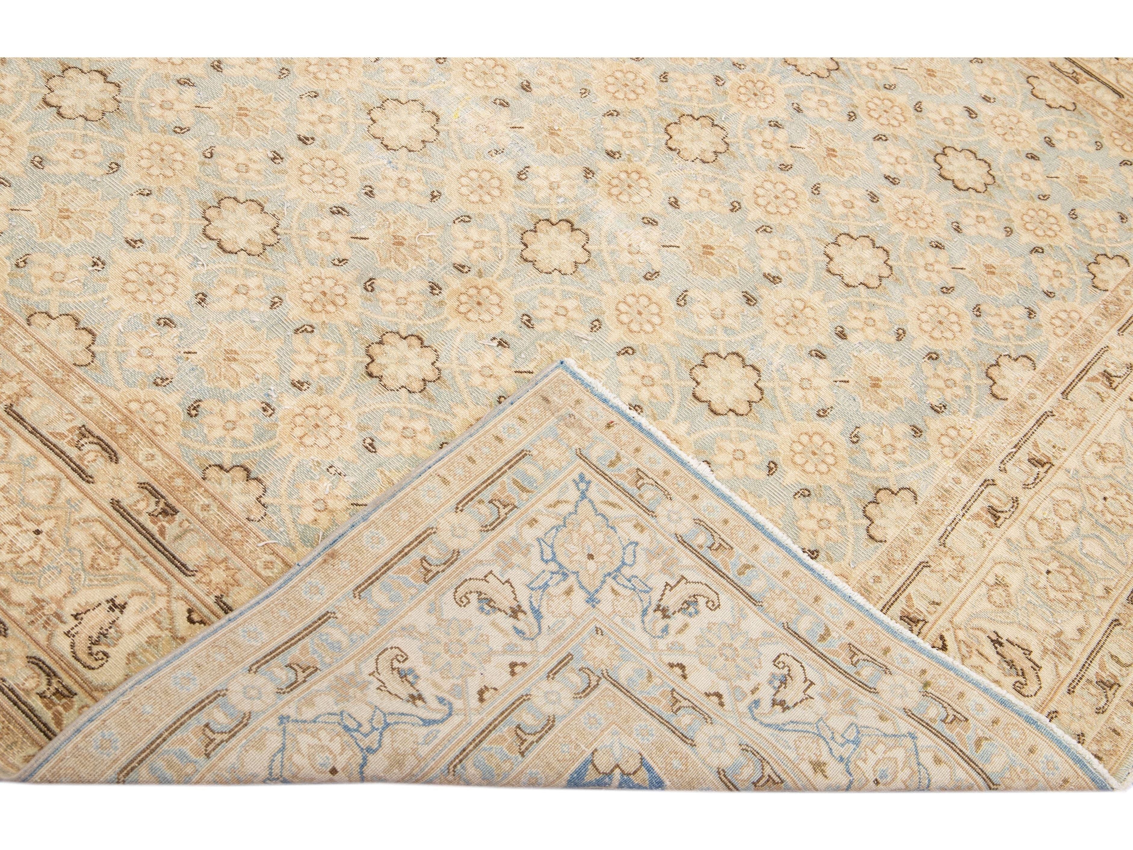 Antique Persian Tabriz Handmade Floral Beige And Blue Square Wool Rug