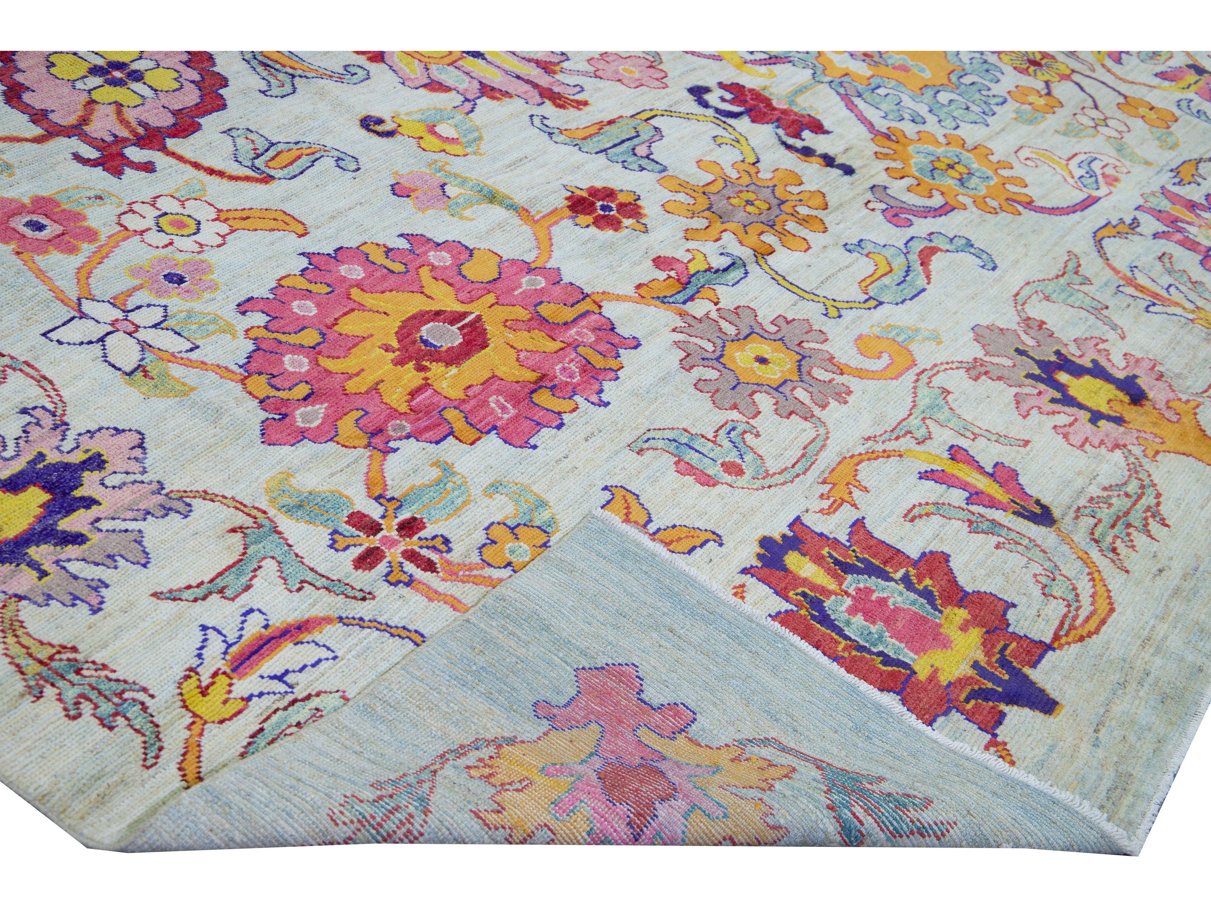 Modern Oushak Handmade Multicolor Floral Pattern Oversize Blue Wool Rug