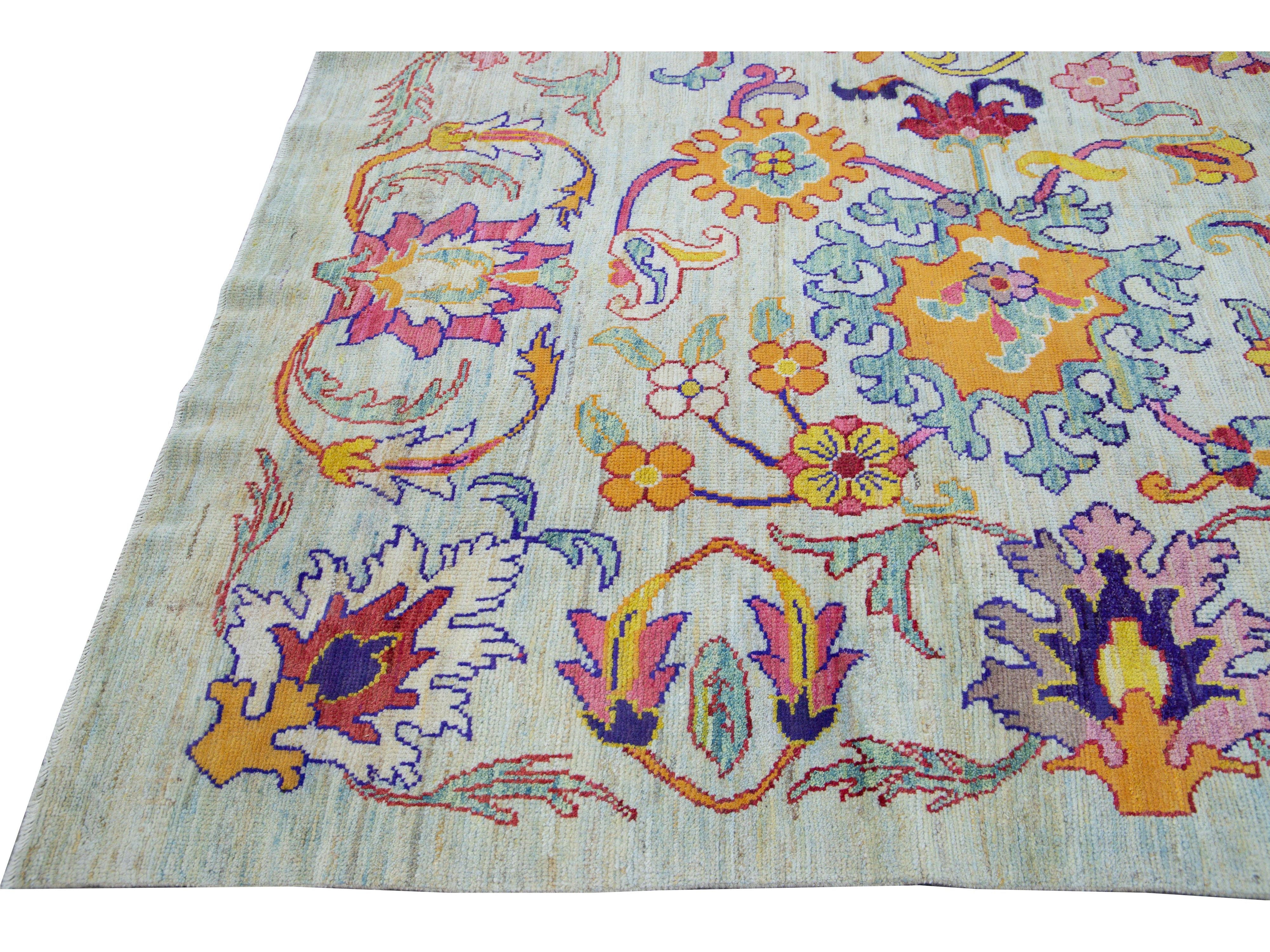 Modern Oushak Handmade Multicolor Floral Pattern Oversize Blue Wool Rug