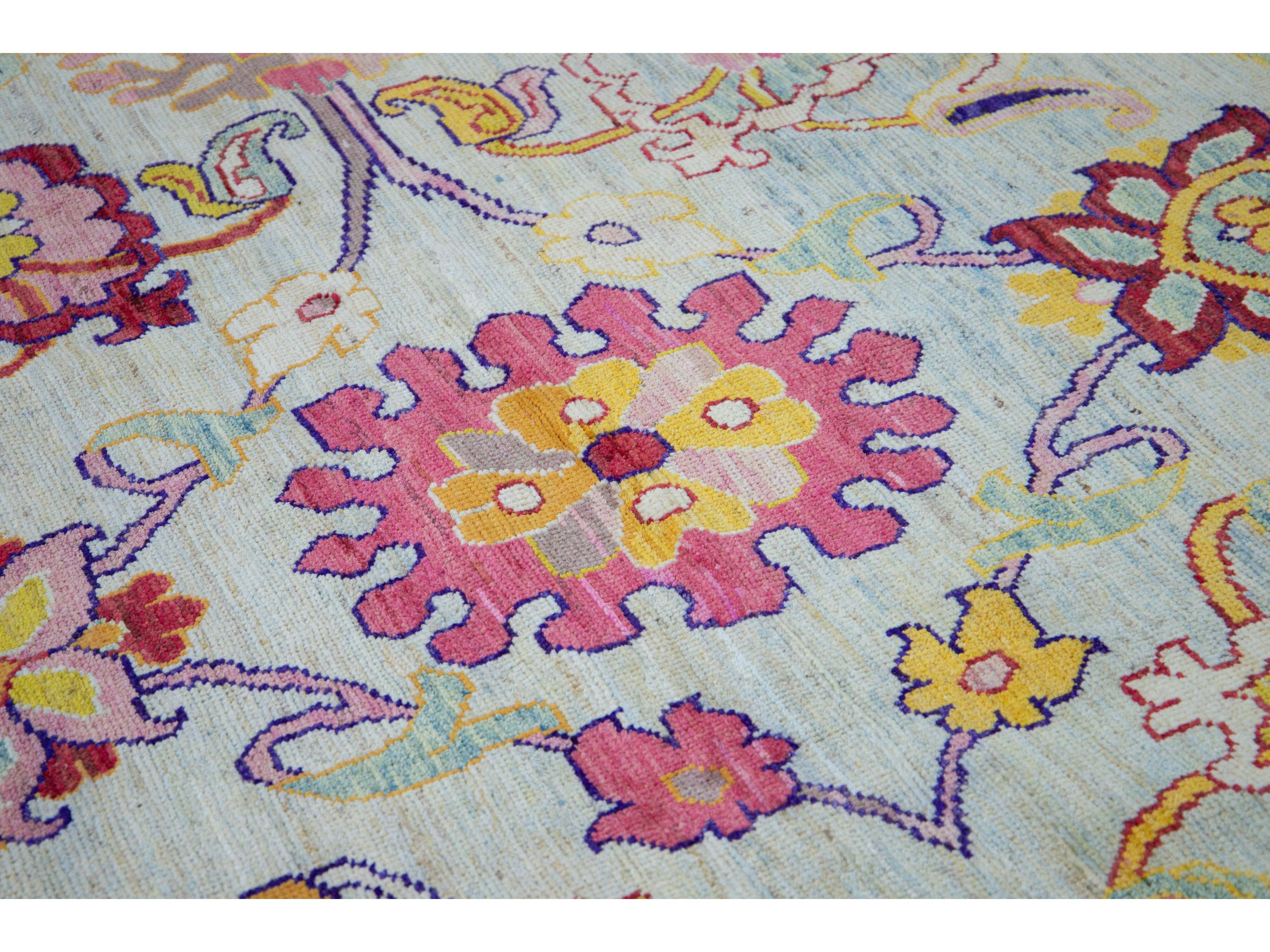 Modern Oushak Handmade Multicolor Floral Pattern Oversize Blue Wool Rug