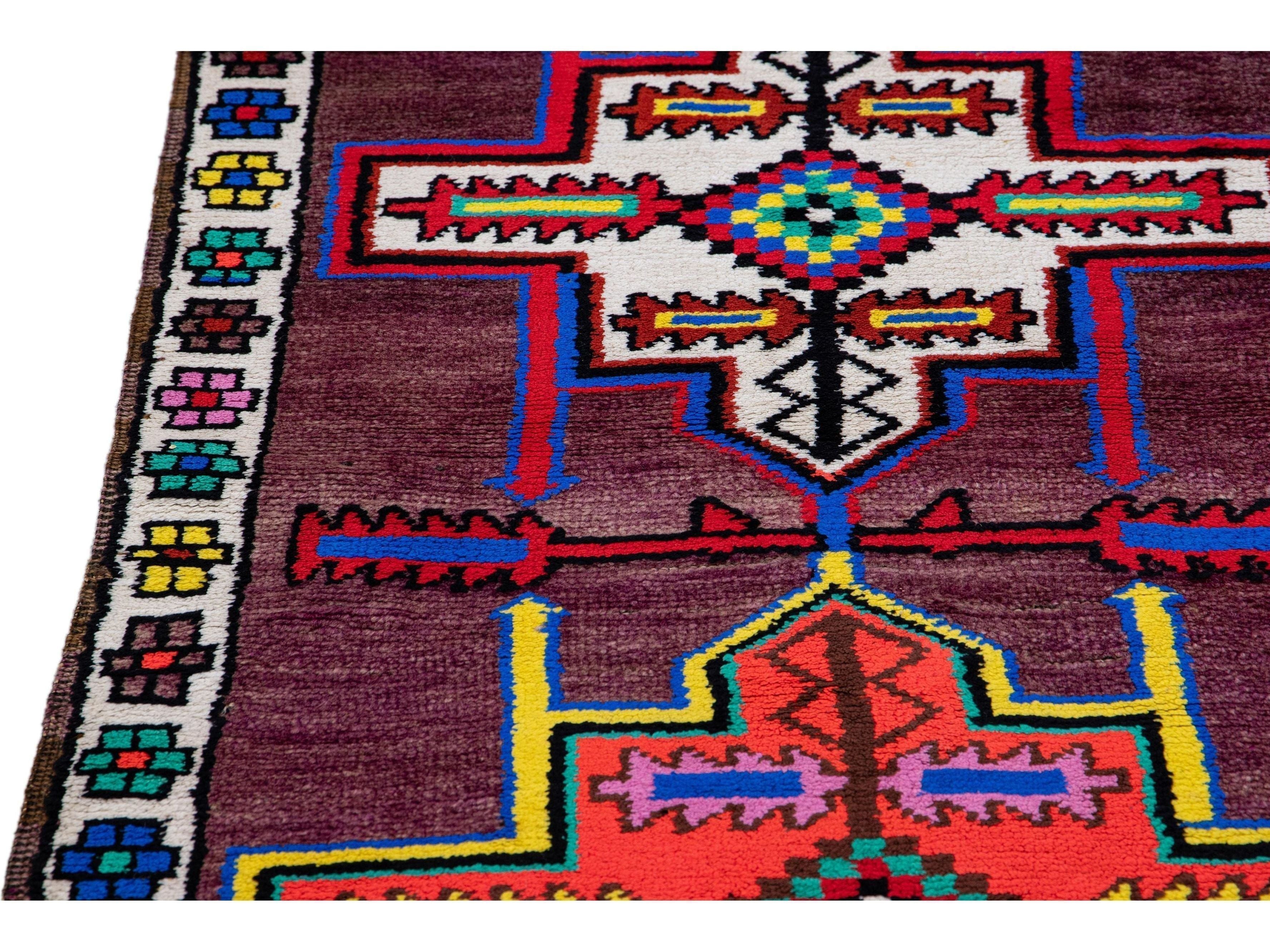 Vintage Geometric Turkish Handmade Purple Wool Runner