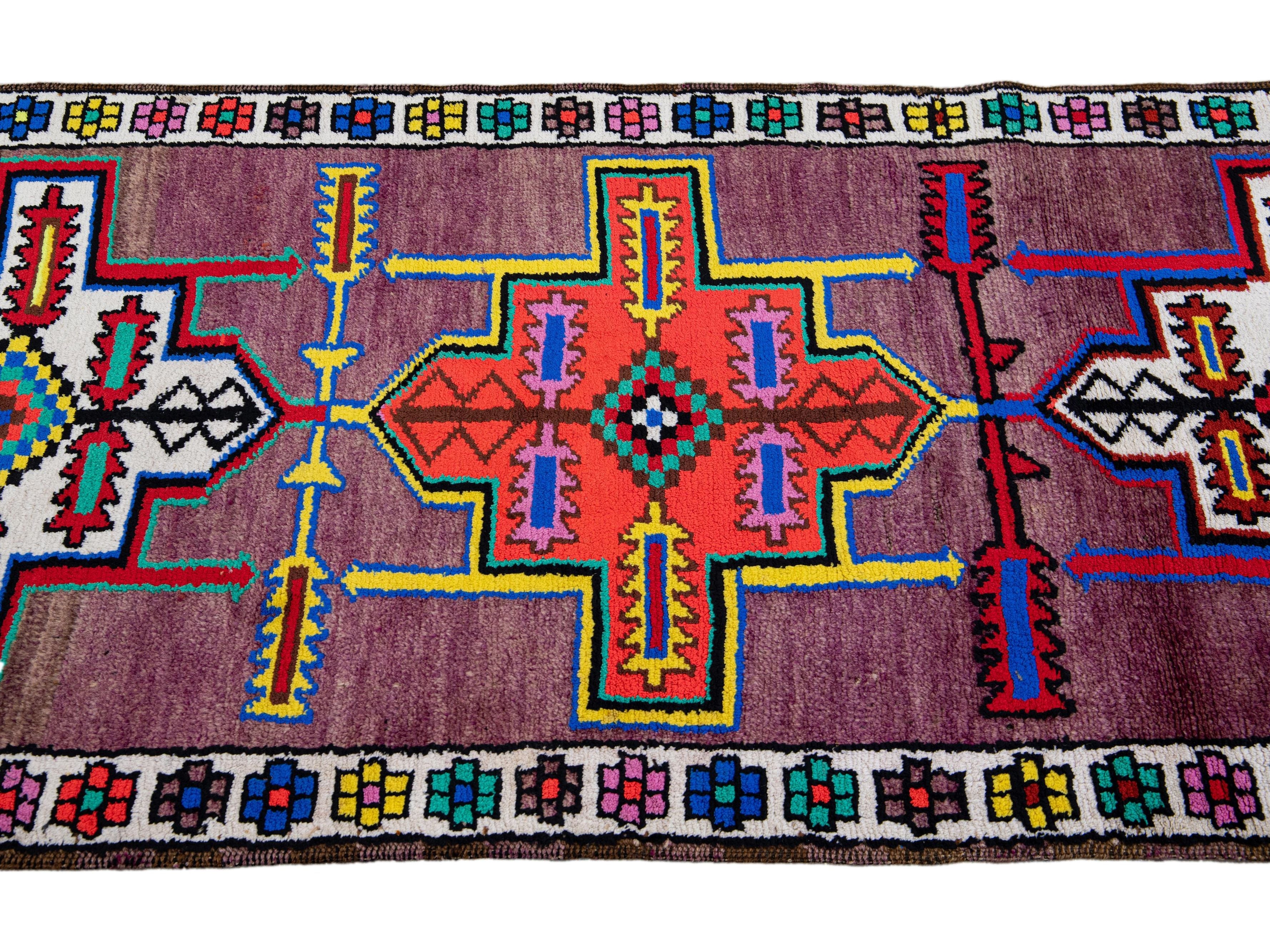 Vintage Geometric Turkish Handmade Purple Wool Runner