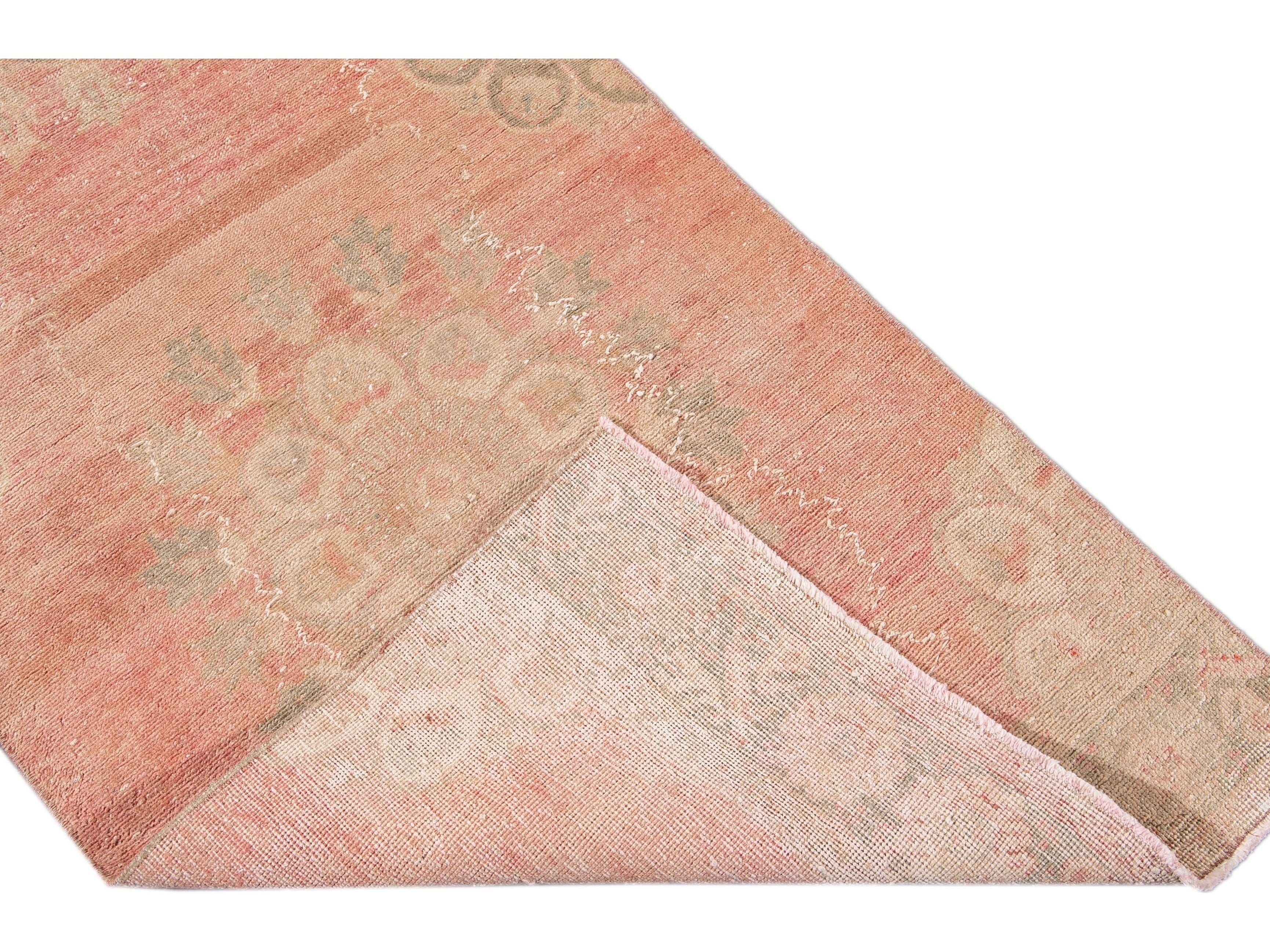 Vintage Turkish Handmade Pink Medallion Floral Wool Runner
