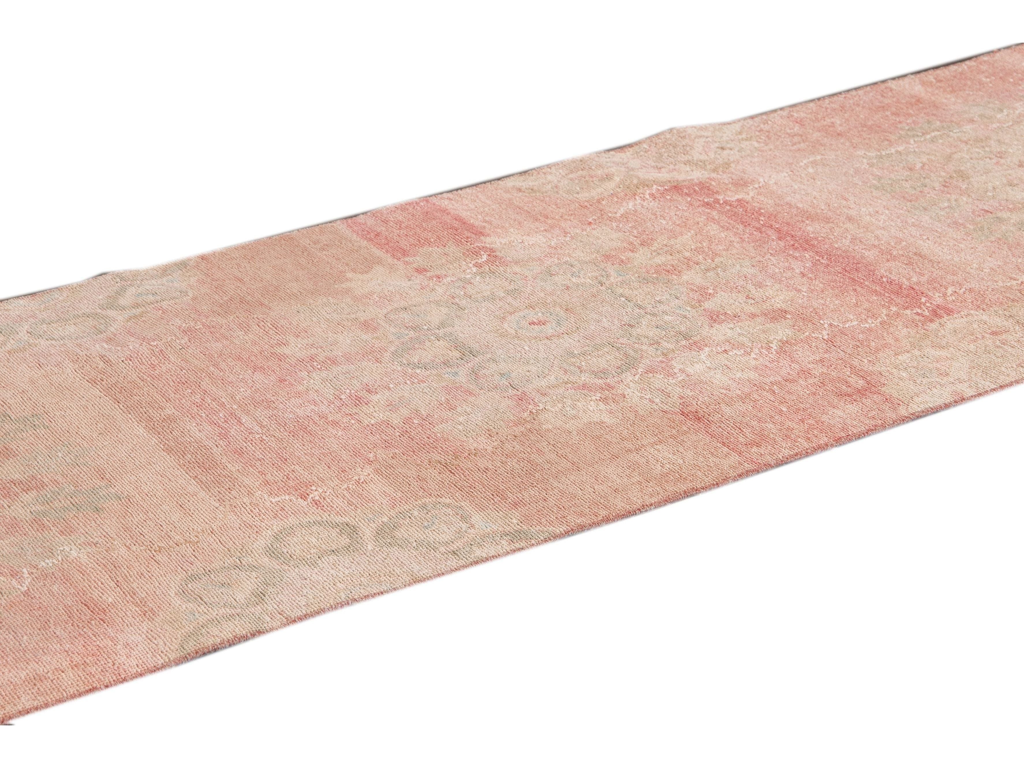 Vintage Turkish Handmade Pink Medallion Floral Wool Runner