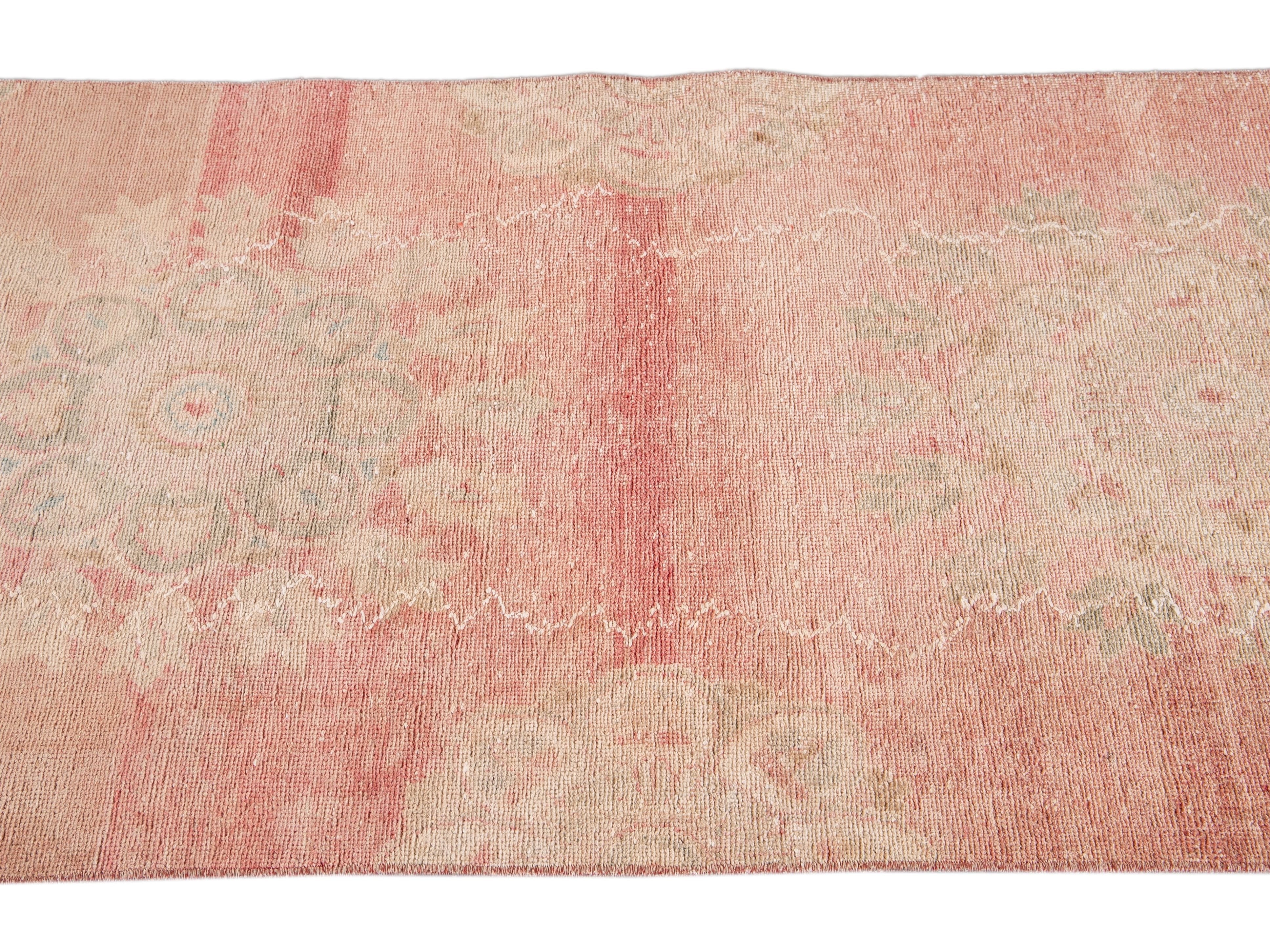 Vintage Turkish Handmade Pink Medallion Floral Wool Runner
