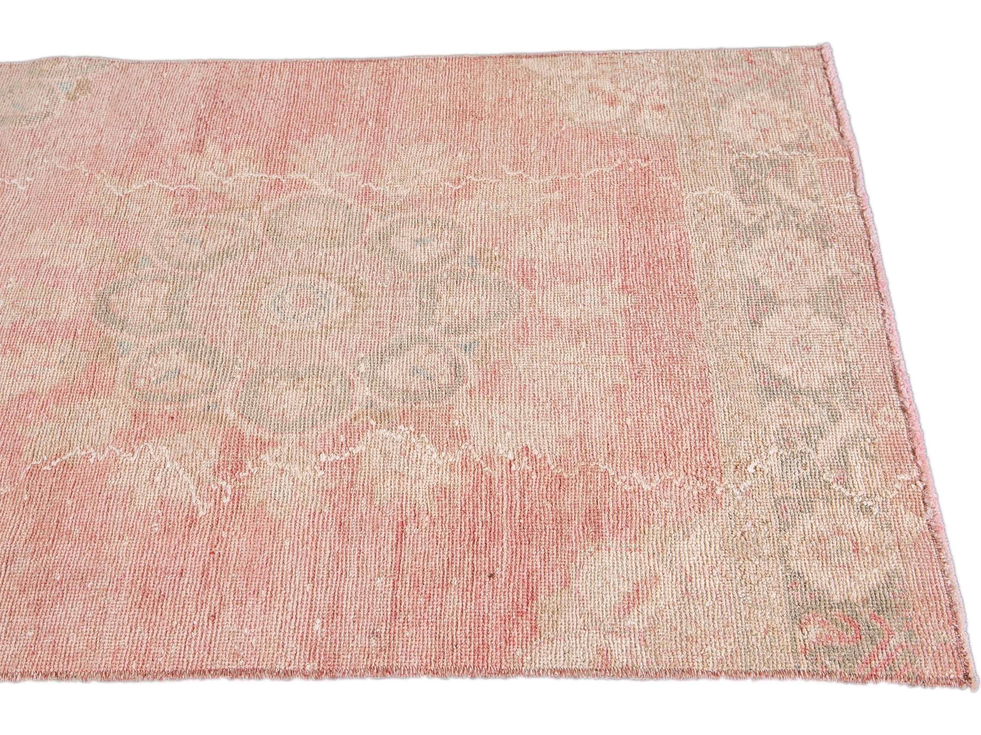 Vintage Turkish Handmade Pink Medallion Floral Wool Runner